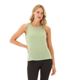 Woman wearing the Desirae Tencel Jersey Twist Shoulder Tank highlighting the shoulder detail.