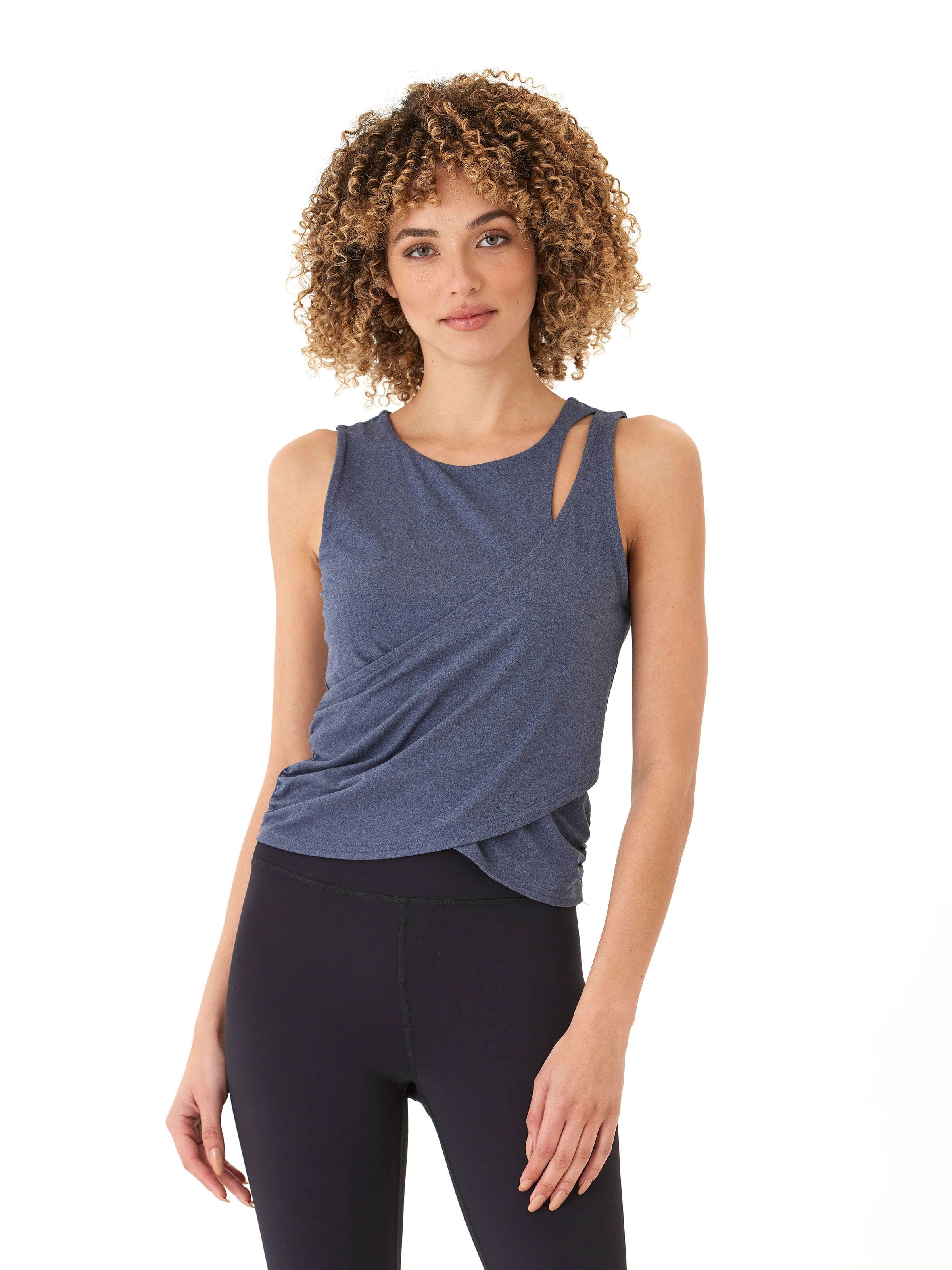 Cynthia Luxe Jersey Wrap Tank featuring a twist front detail and elegant shoulder design in a soft, stretchy fabric.