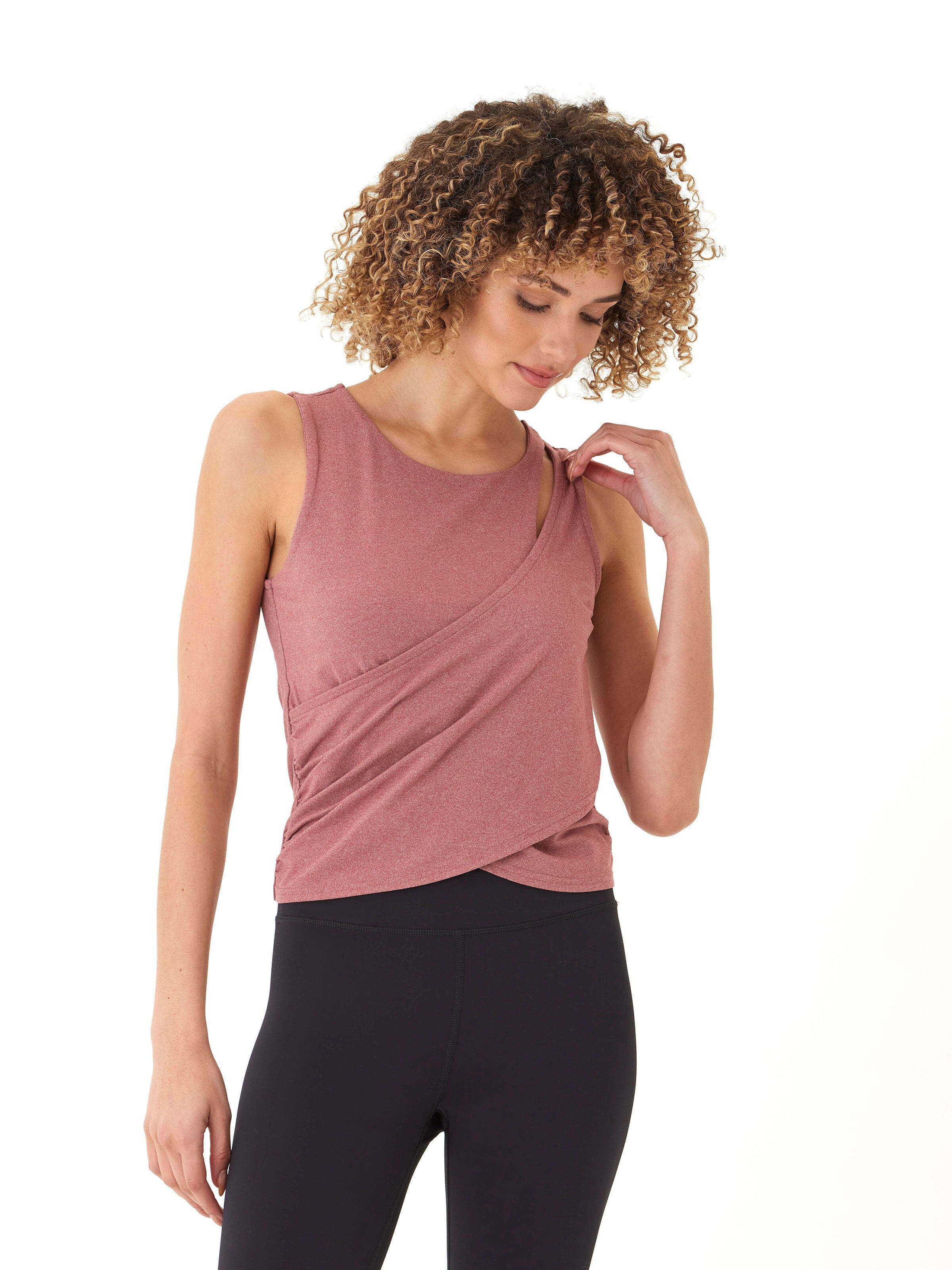 Cynthia Luxe Jersey Wrap Tank in dusty-rose featuring a twist front and sleeveless fitted design.
