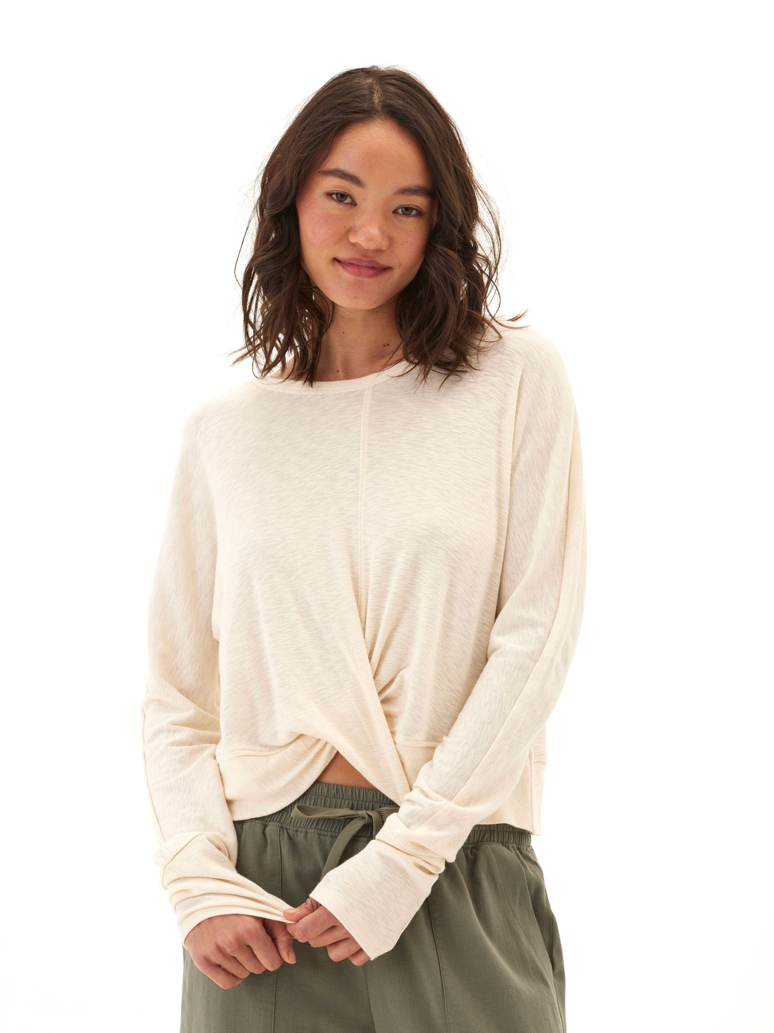 Textured Jersey Twist Dolman Long Sleeve Top for Everyday Comfort