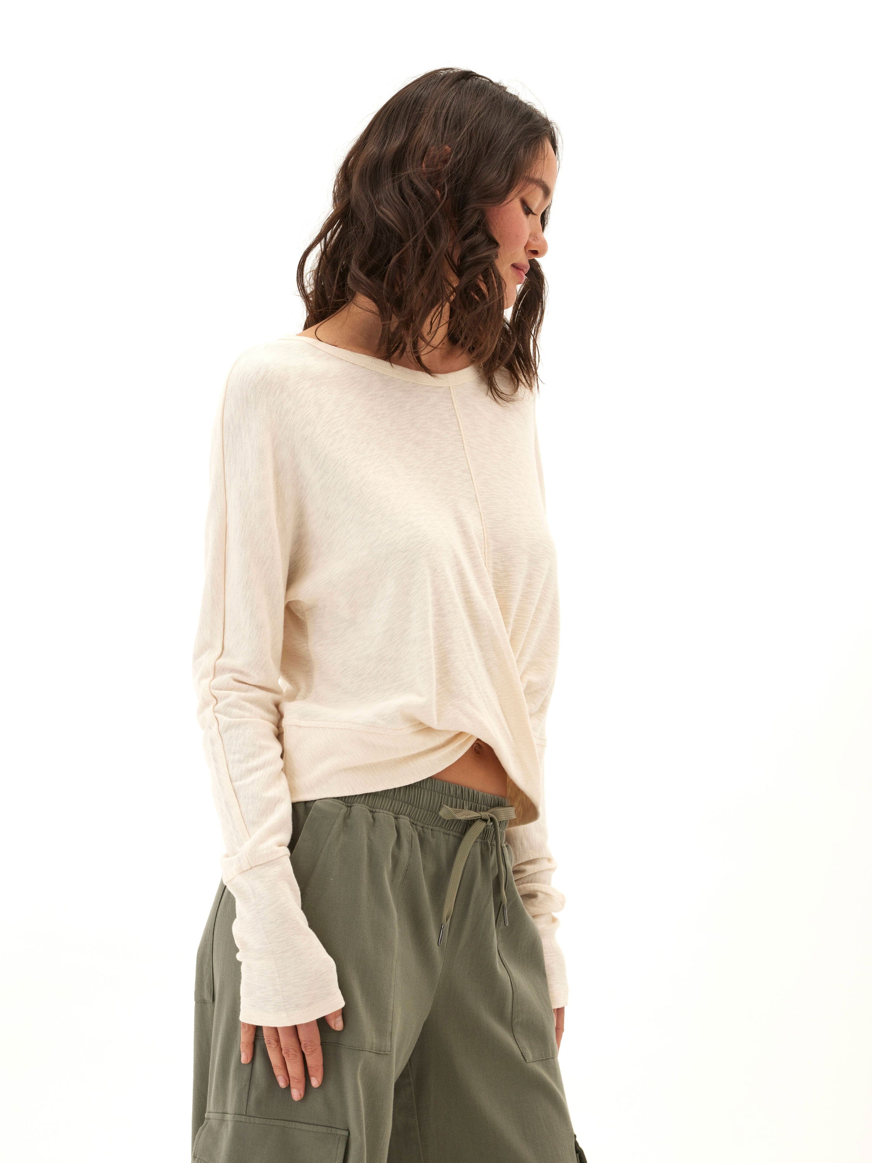 Textured Jersey Twist Dolman Long Sleeve Top for Everyday Comfort