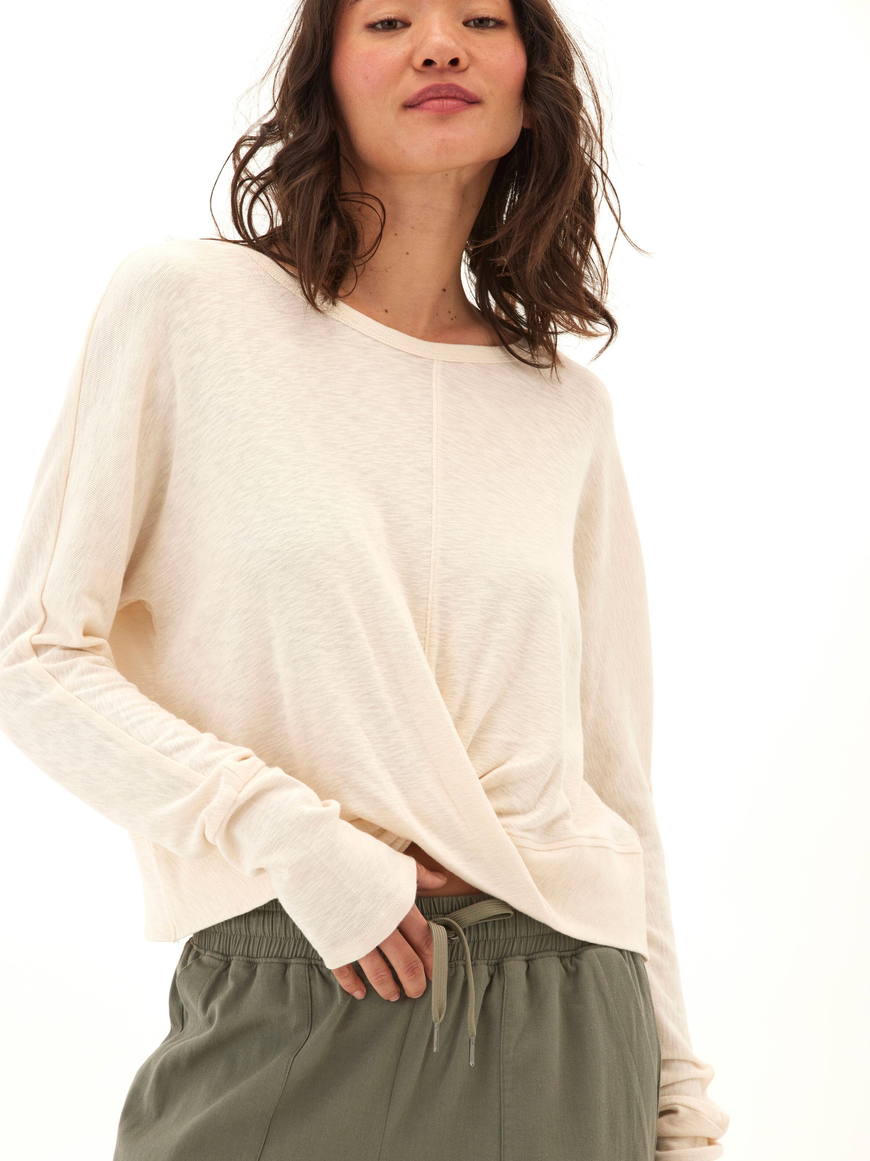 Textured Jersey Twist Dolman Long Sleeve Top for Everyday Comfort