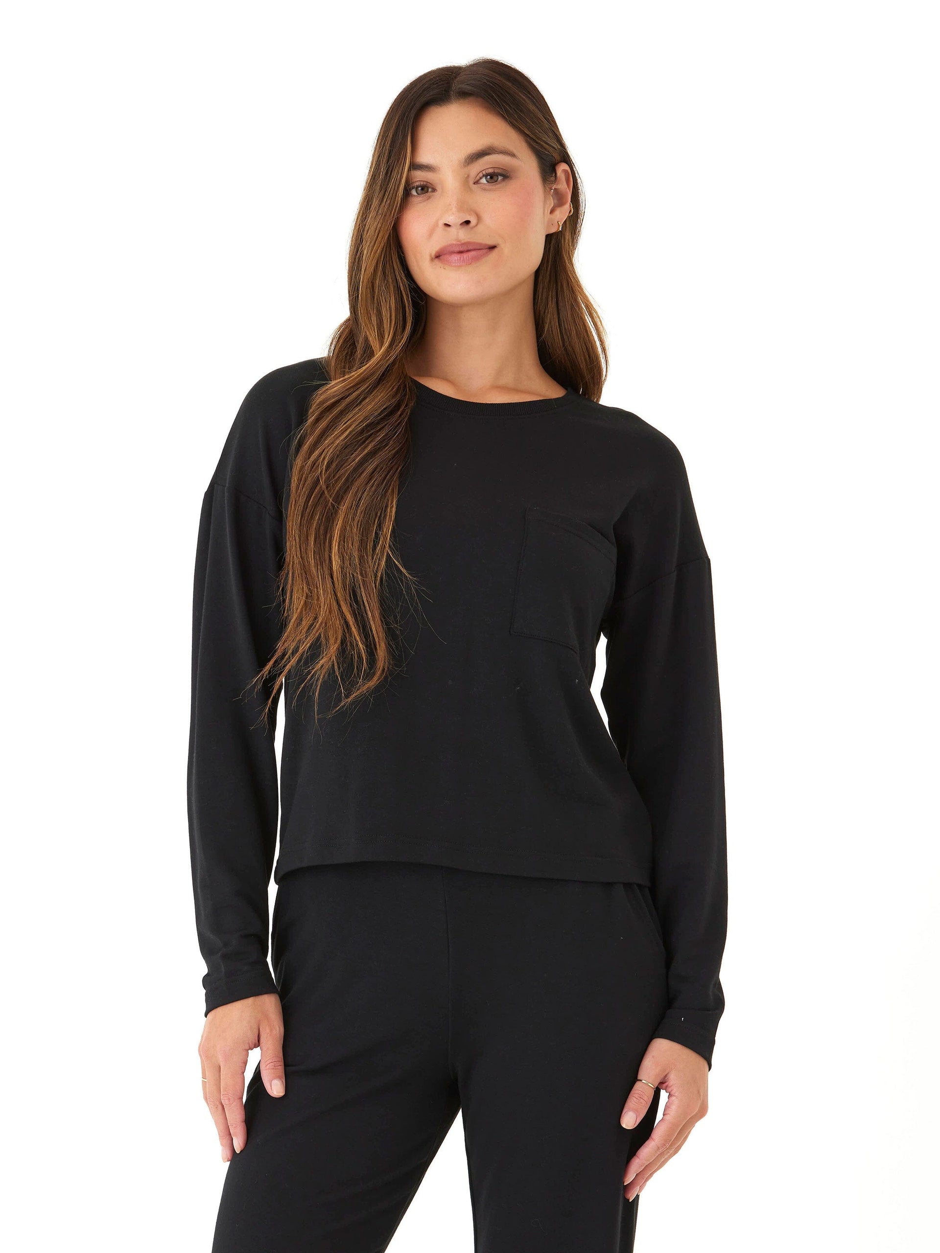 Model wearing a buttery soft Shaina Modal Terry Pocket Long Sleeve in a slightly oversized fit