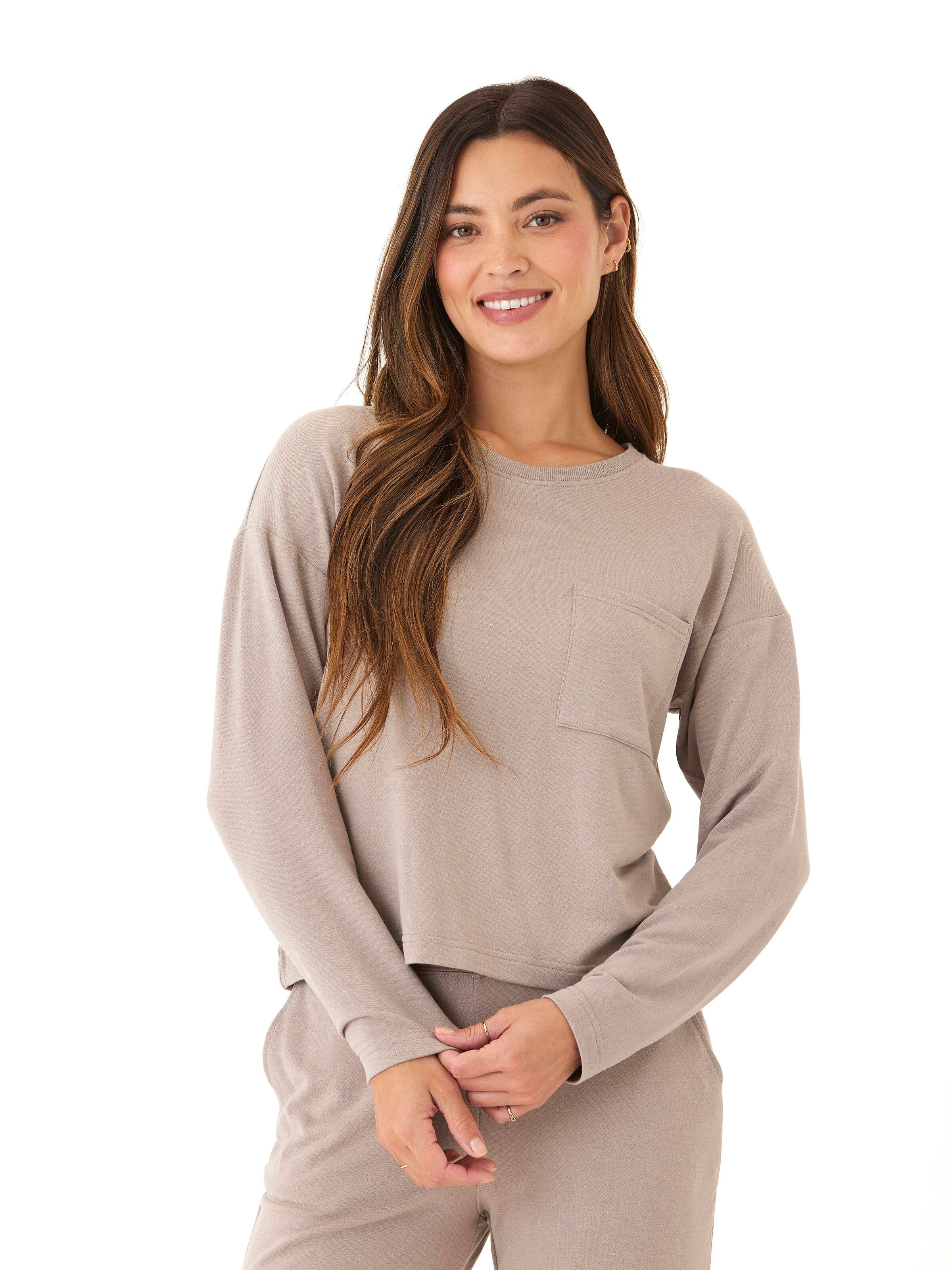 Shaina Modal Terry Long Sleeve Pocket Top in taupe, shown with a relaxed fit and soft knit texture.