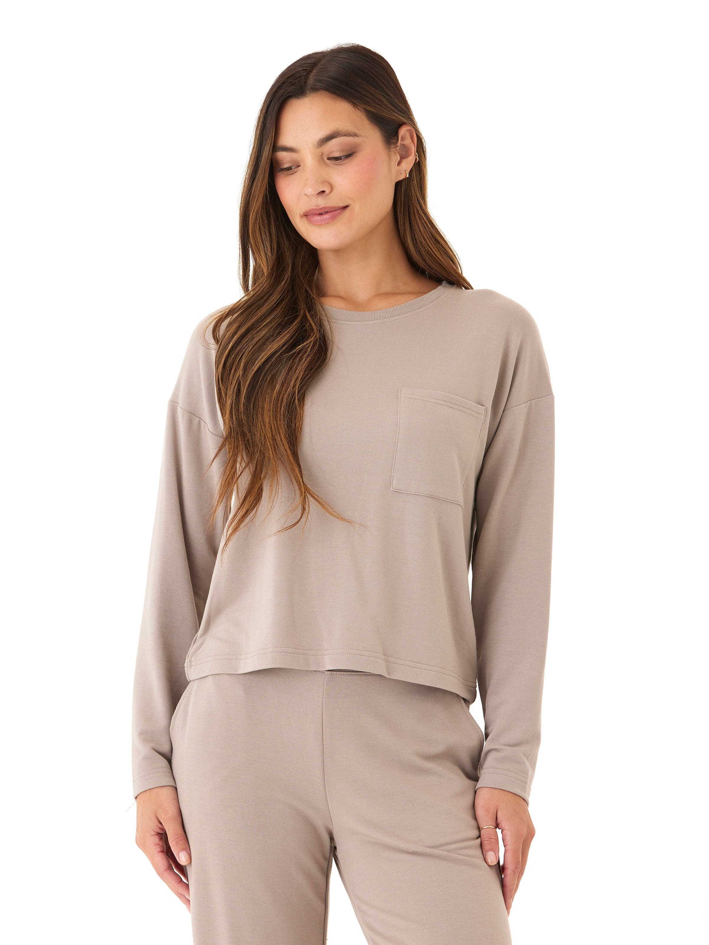 Shaina Modal Terry Long Sleeve Pocket Top in Taupe