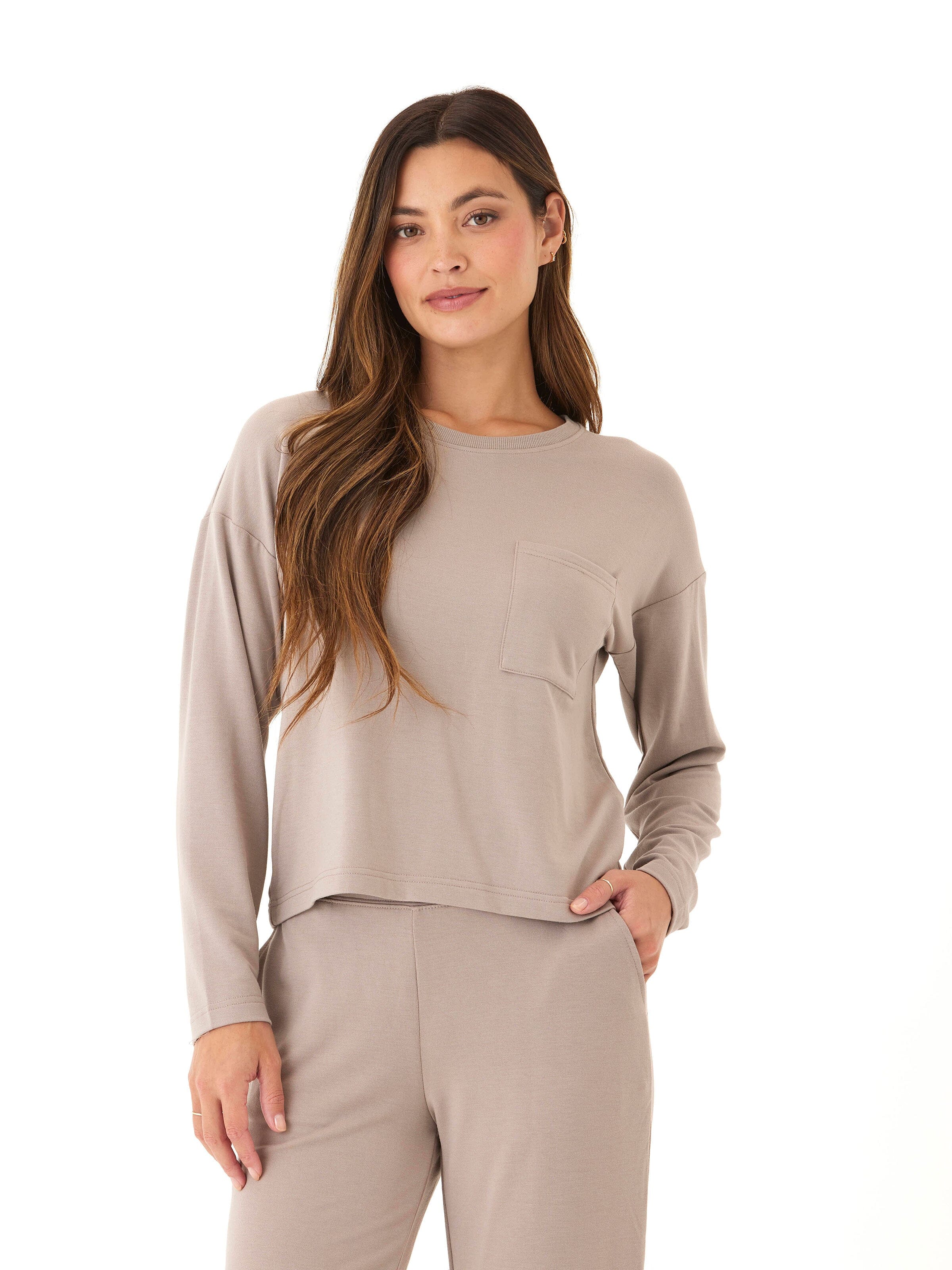 Shaina Modal Terry Long Sleeve Pocket Top in Taupe