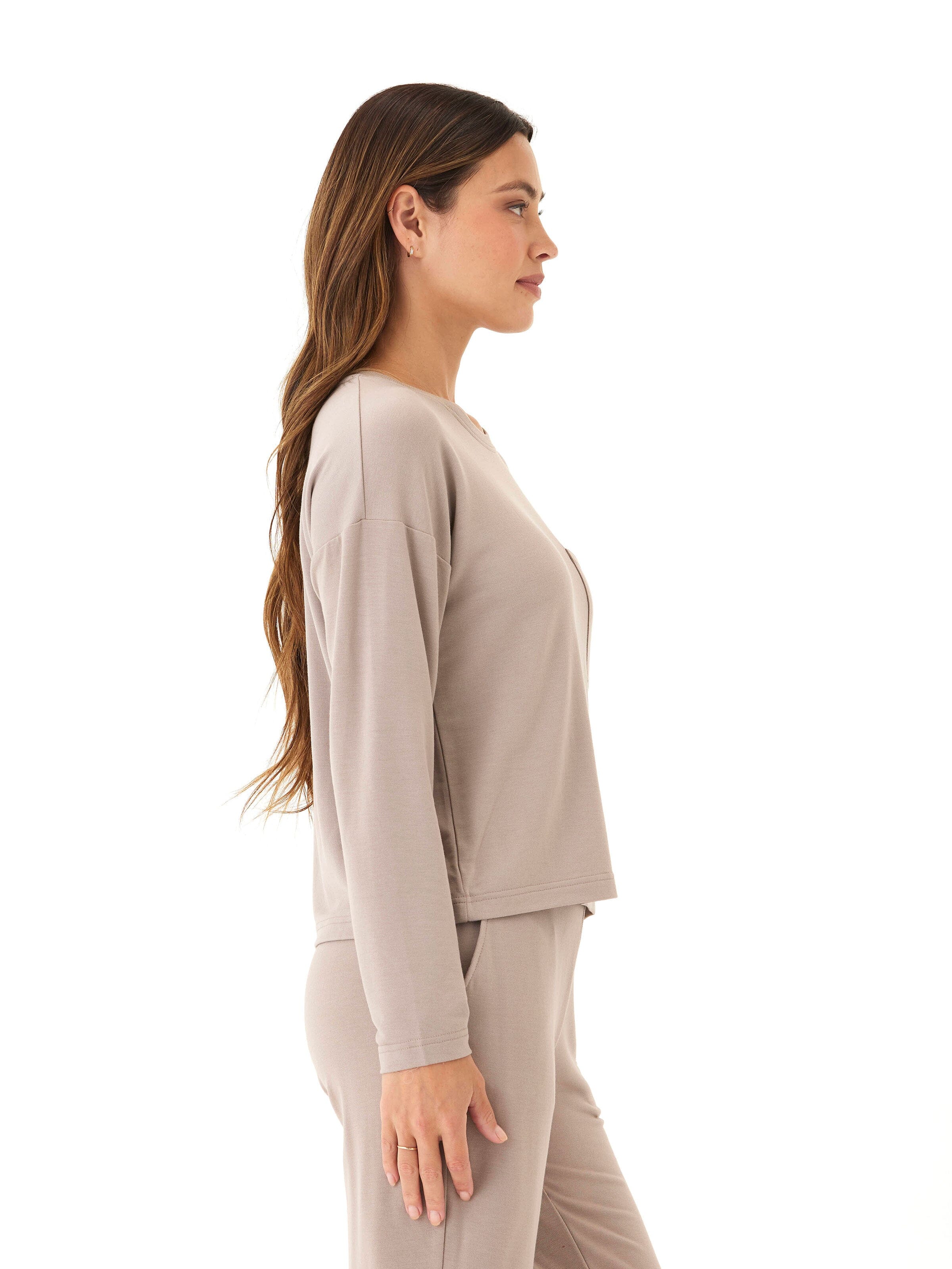 Shaina Modal Terry Long Sleeve Pocket Top in Taupe