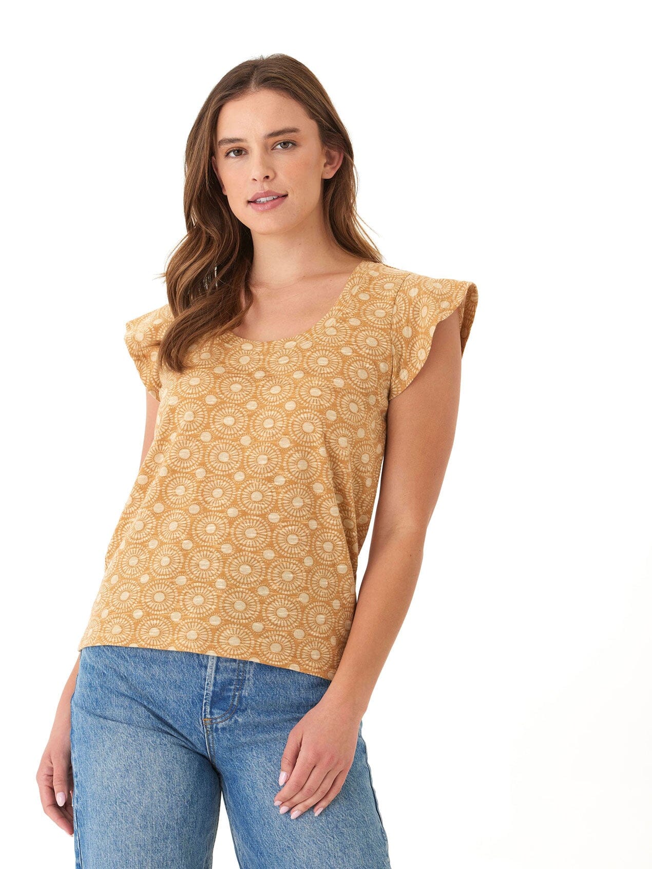 Women's linen flutter sleeve top in ochre and cream with sunburst medallion print.