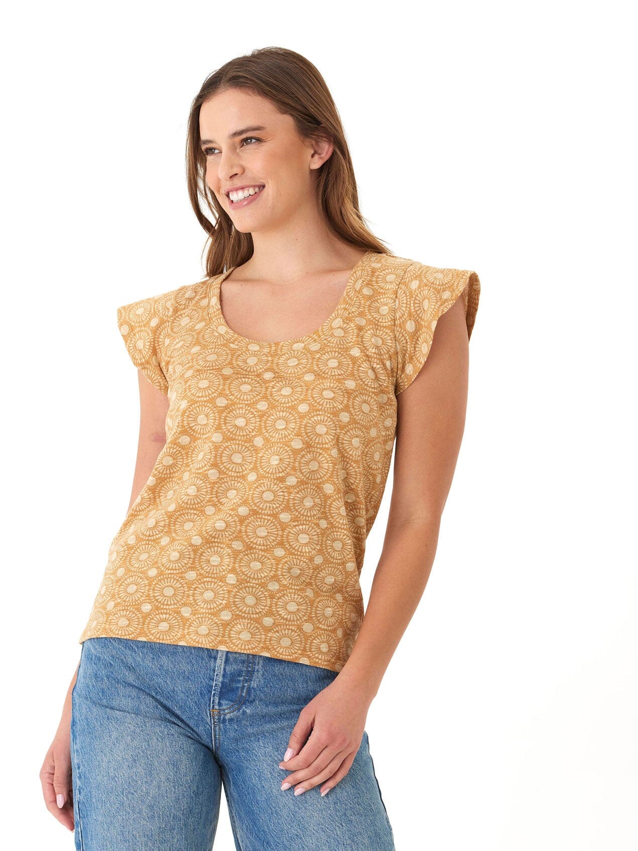 Blanche Medallion Print Linen Jersey Flutter Sleeve Top