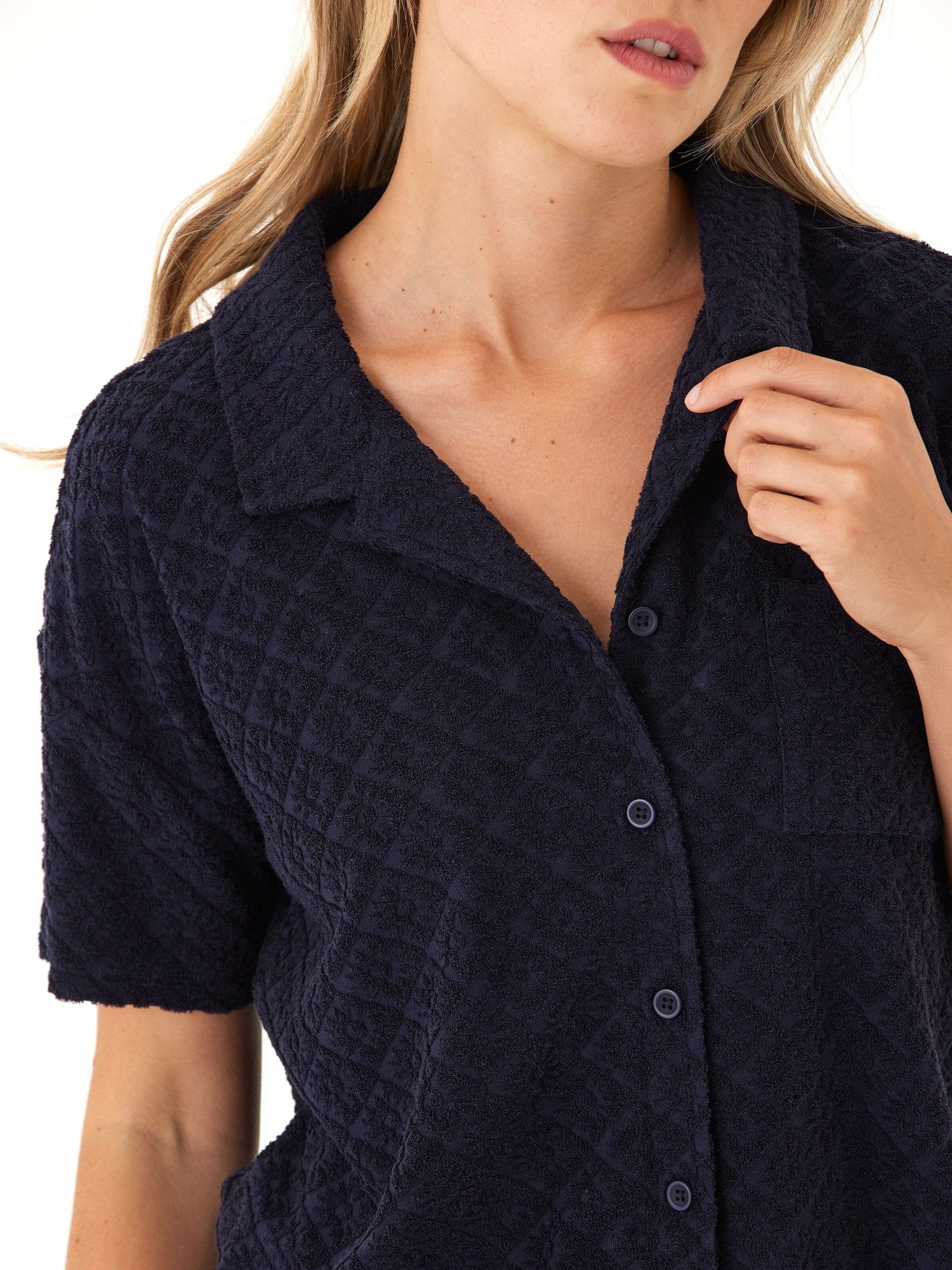 Mikaela Jacquard Terry Short Sleeve Button-Up in Navy
