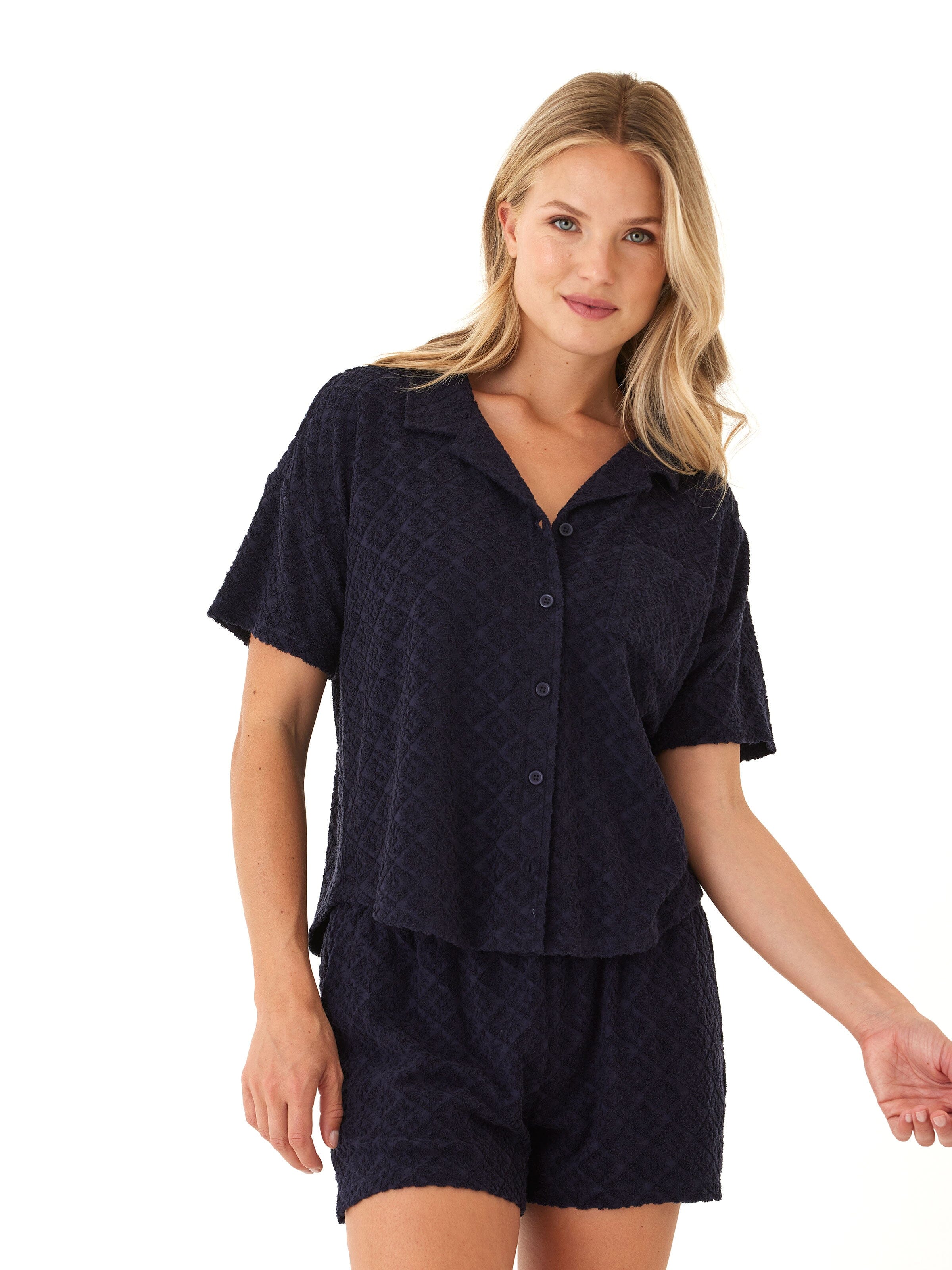 Billie Jacquard Terry Short in Navy - Relaxed Mid-Rise Knit