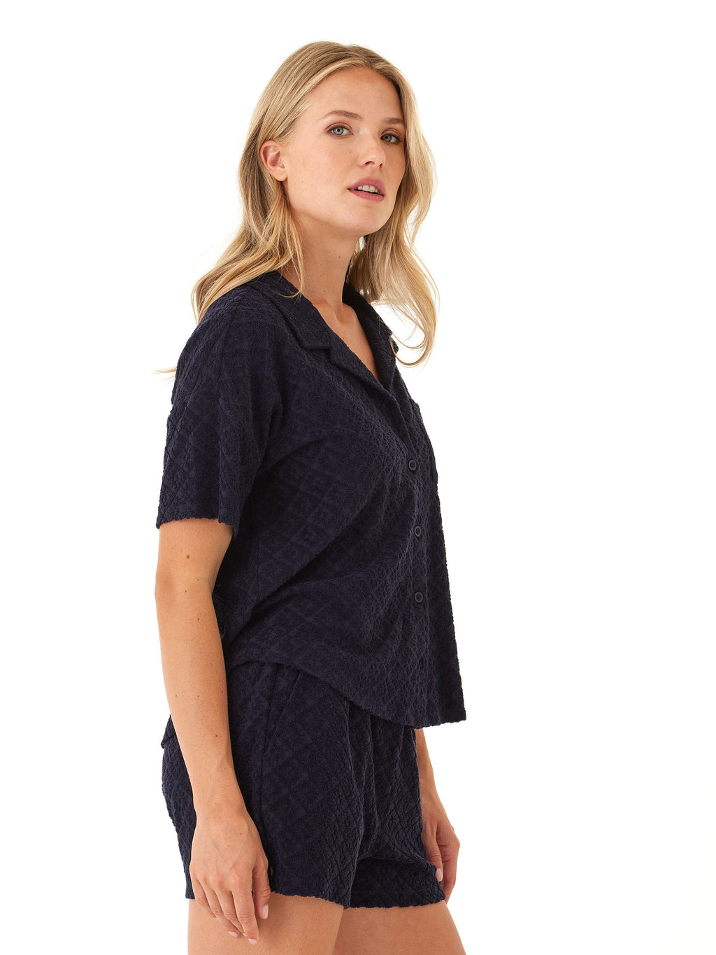 Mikaela Jacquard Terry Short Sleeve Button-Up in Navy