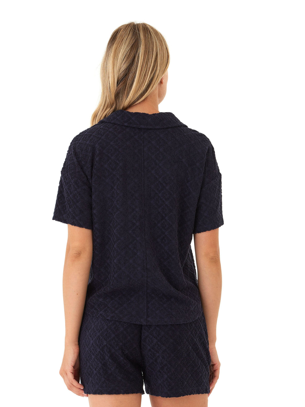 Mikaela Jacquard Terry Short Sleeve Button-Up in Navy