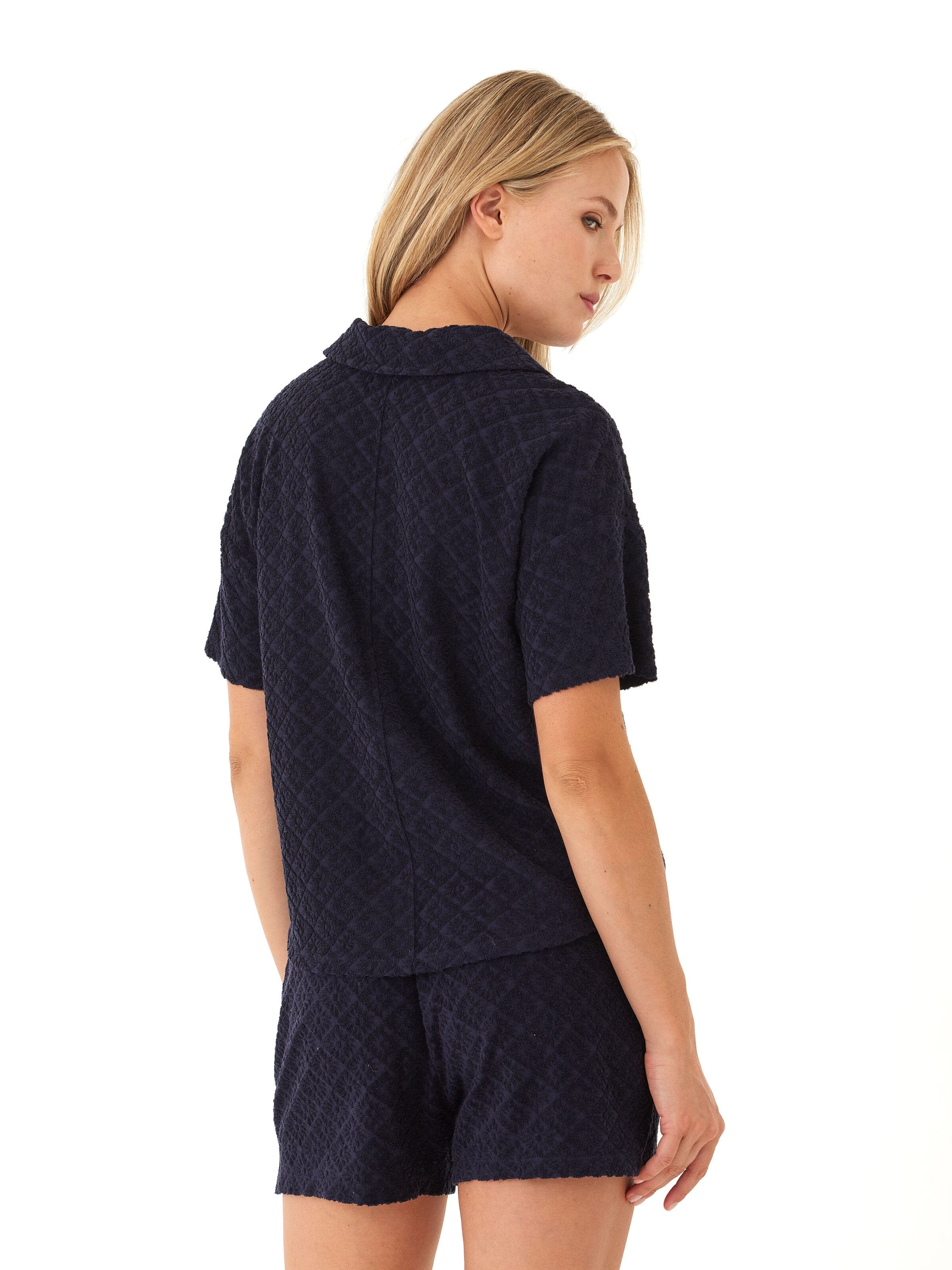 Mikaela Jacquard Terry Short Sleeve Button-Up in Navy