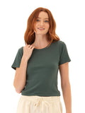 Model wearing a fitted organic cotton ribbed scoop neck tee in a neutral tone