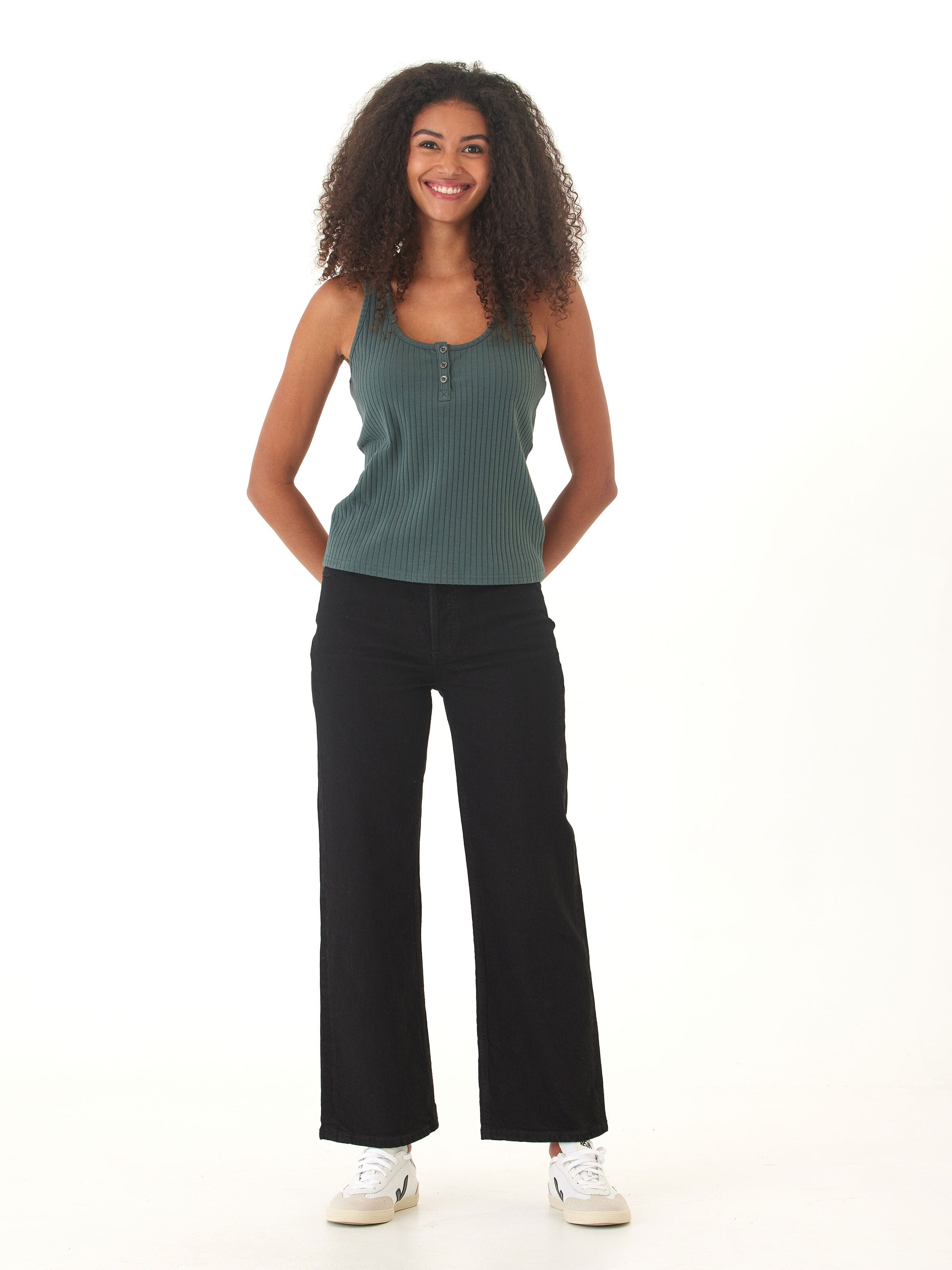 Kathy Organic Rib Henley Tank - Fitted Sleeveless Scoop Neck Top