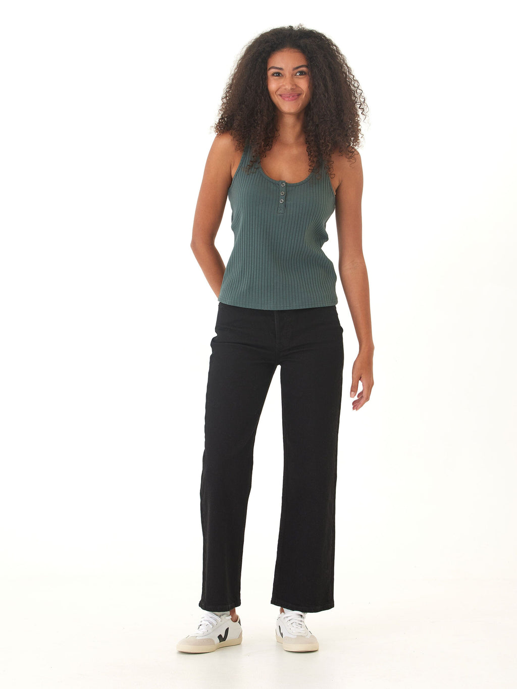 Kathy Organic Rib Henley Tank - Fitted Sleeveless Scoop Neck Top