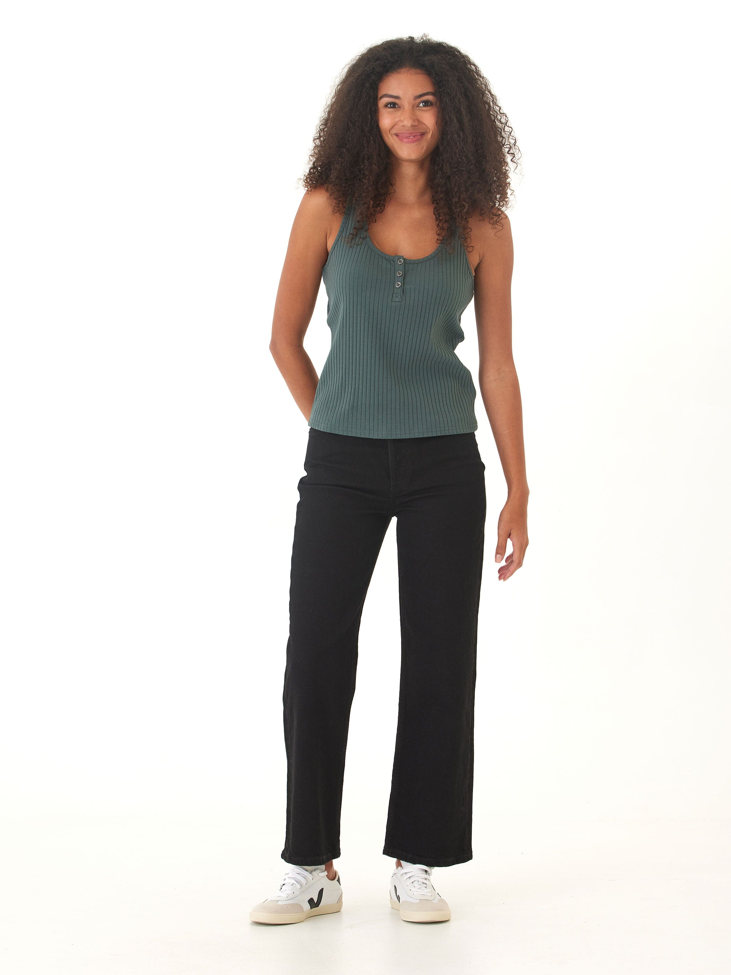 Kathy Organic Rib Henley Tank - Fitted Sleeveless Scoop Neck Top