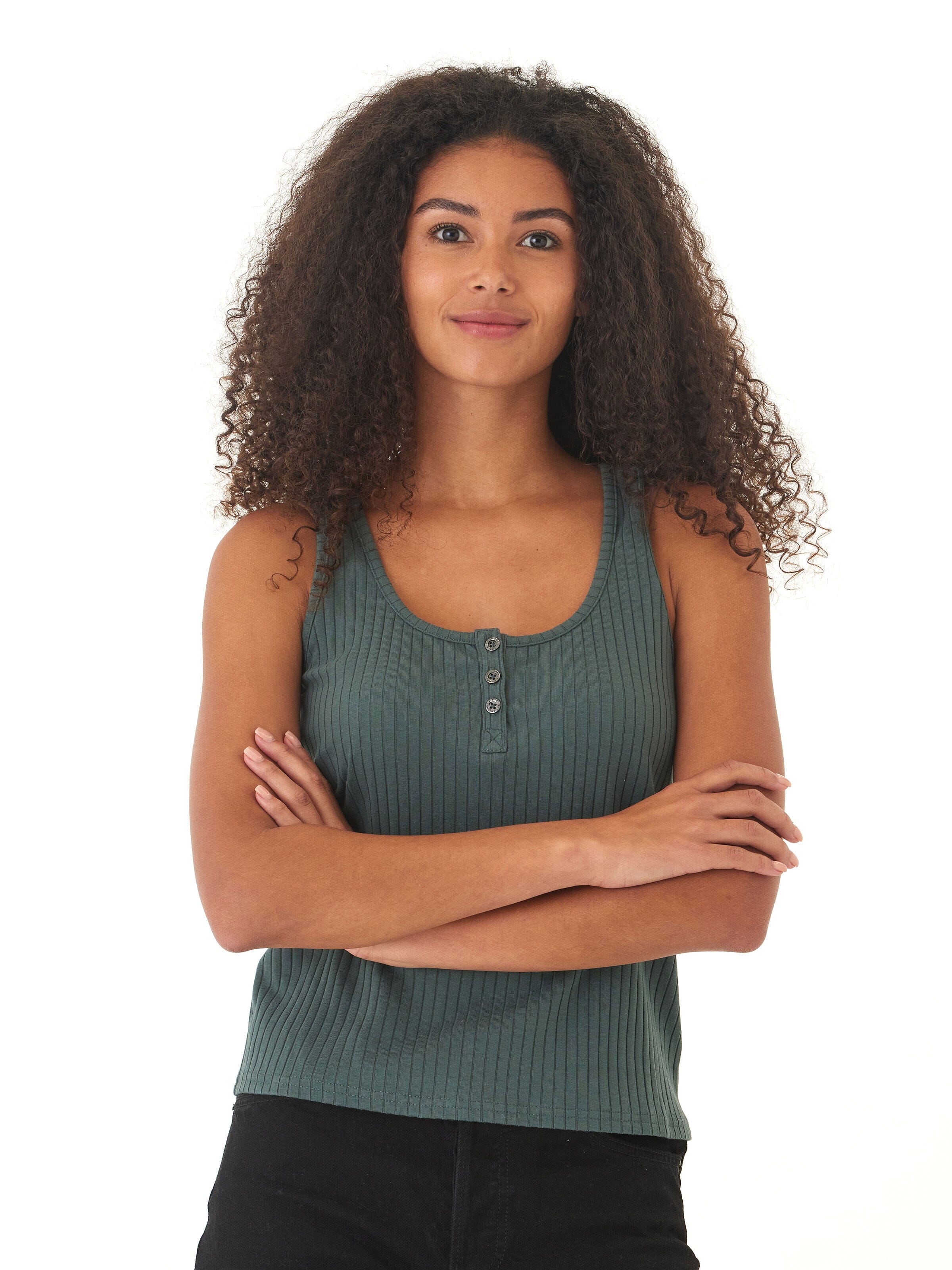 Kathy Organic Rib Henley Tank - Fitted Sleeveless Scoop Neck Top