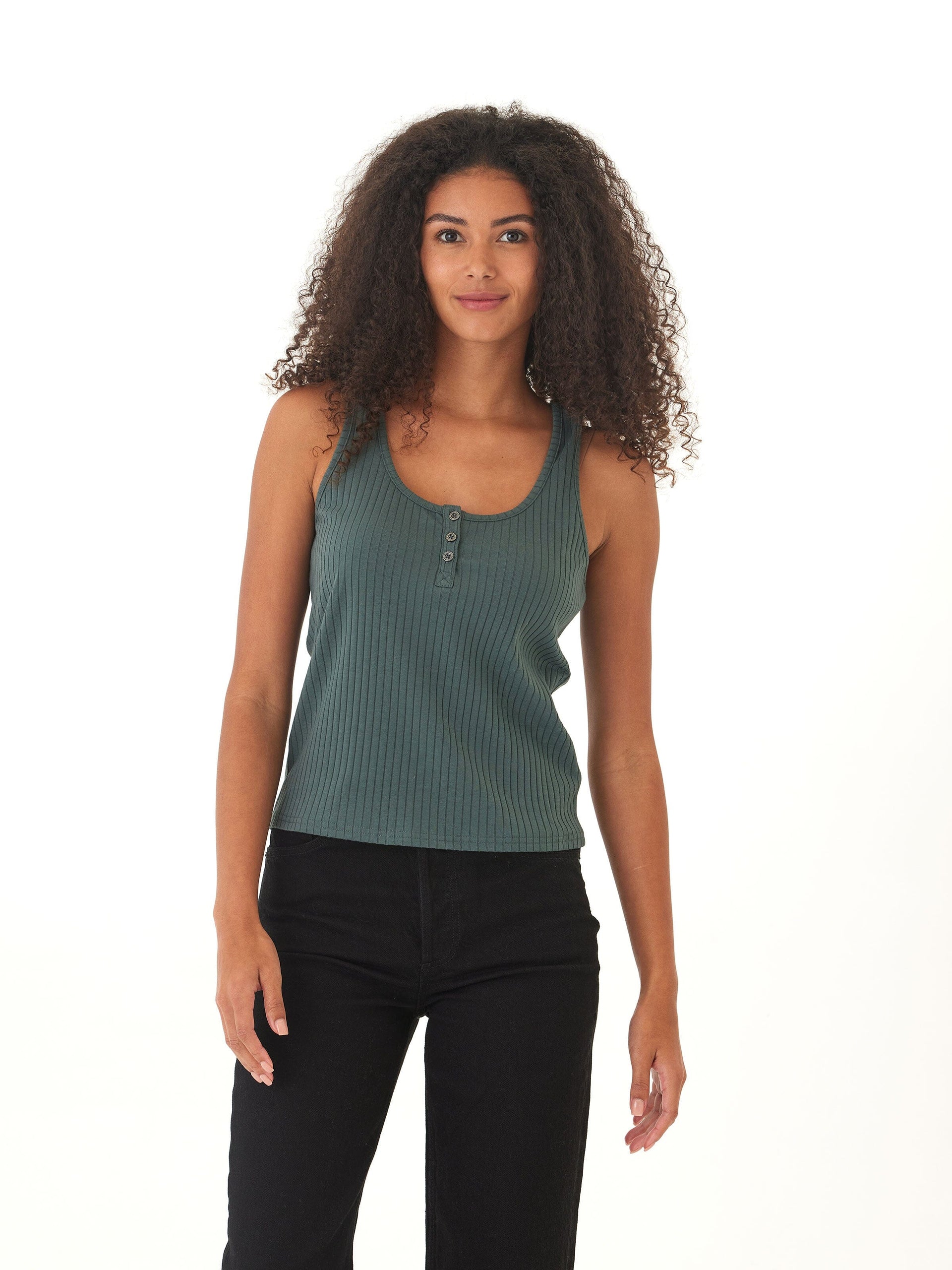 Close up of a woman wearing a dark-green fitted Kathy Organic Rib Henley Tank with button front and scoop neckline