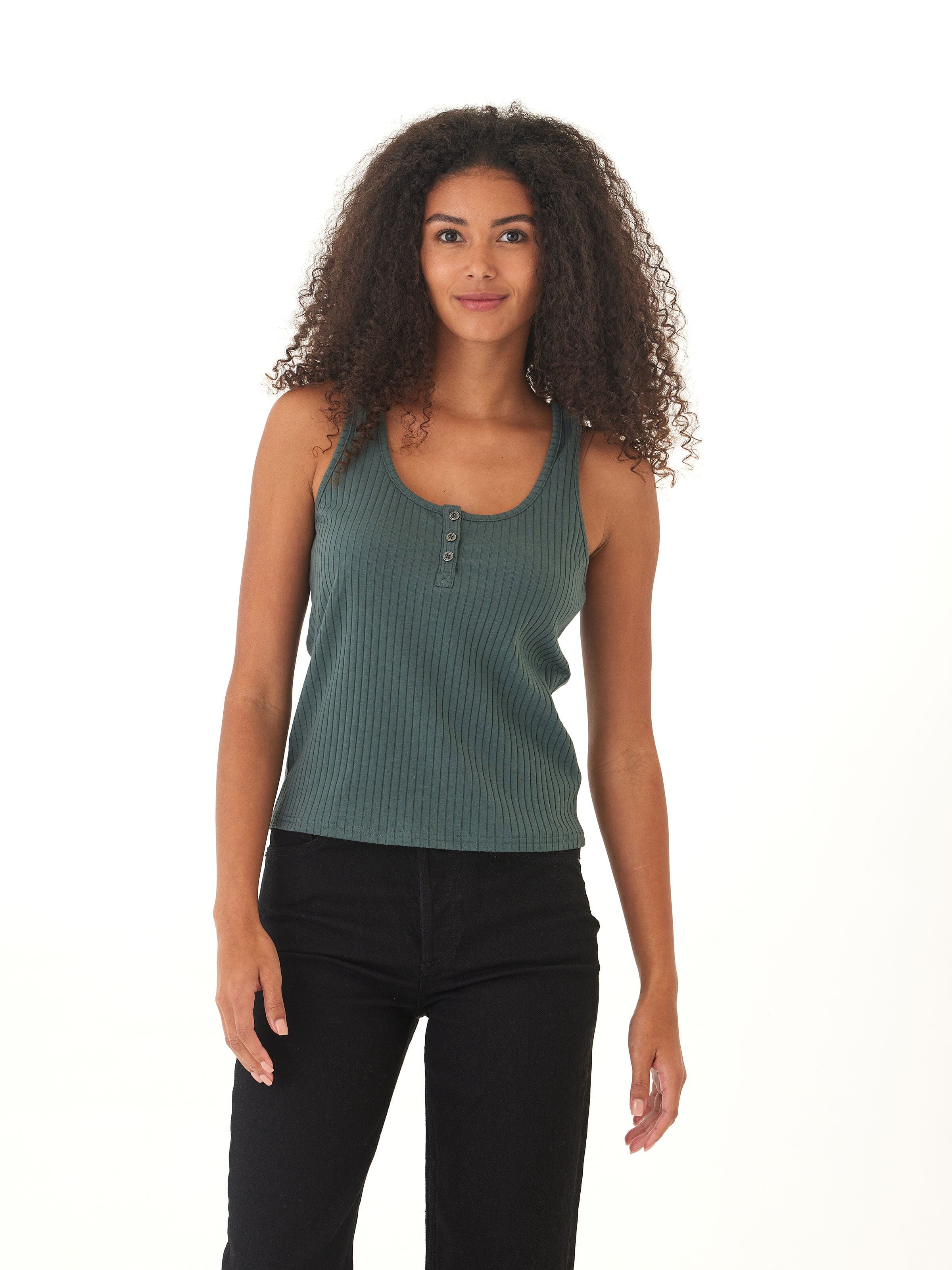 Close up of a woman wearing a dark-green fitted Kathy Organic Rib Henley Tank with button front and scoop neckline