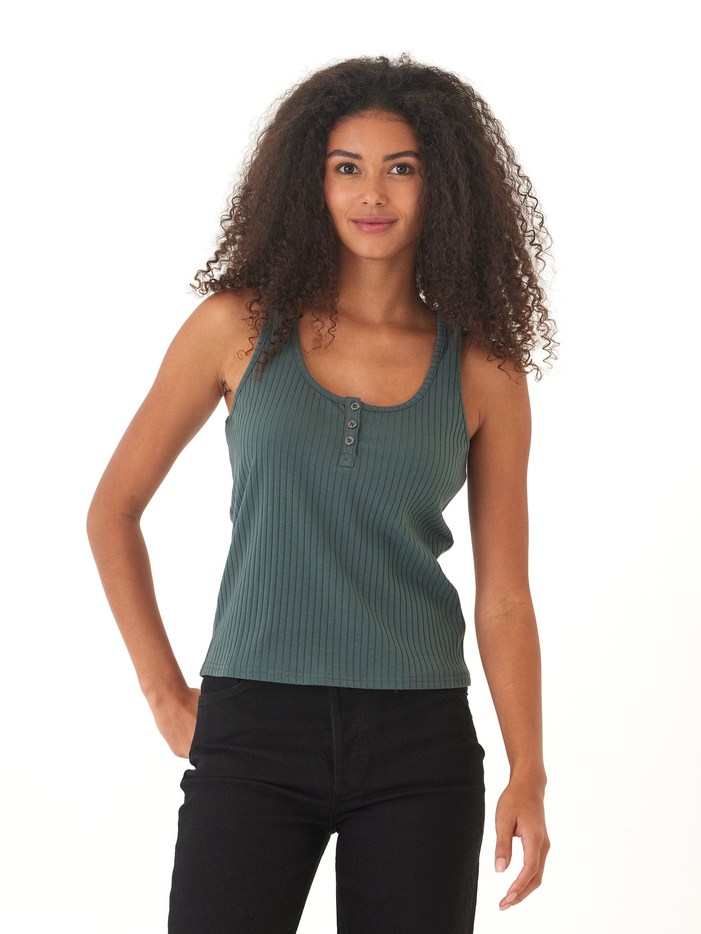 Kathy Organic Rib Henley Tank - Fitted Sleeveless Scoop Neck Top