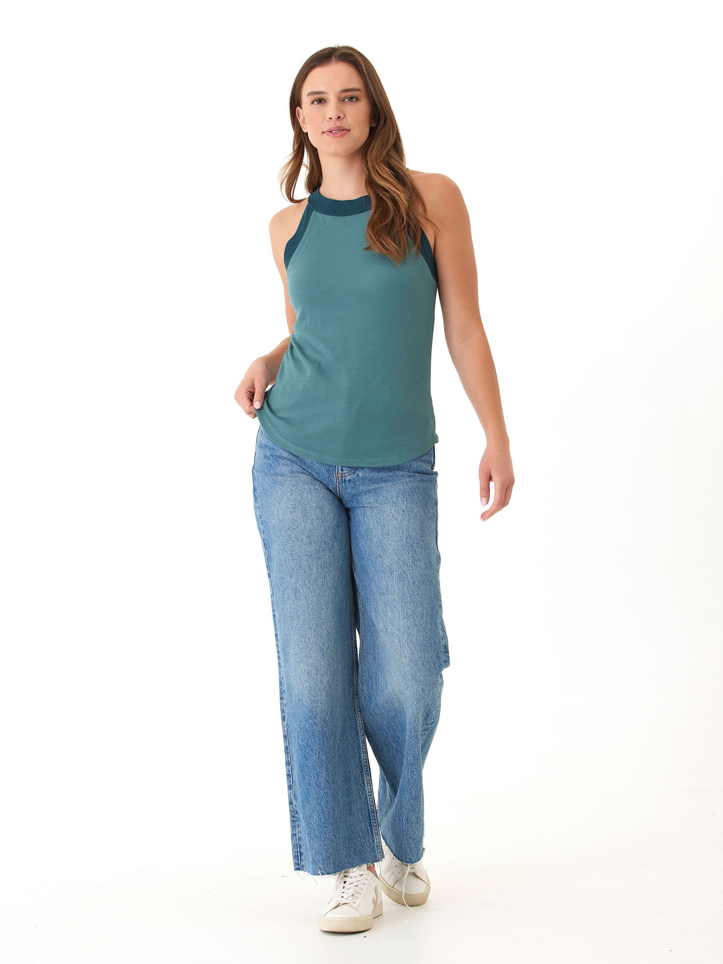 Maresia Feather Rib Tank in Teal and Dark-Teal - close-up detail