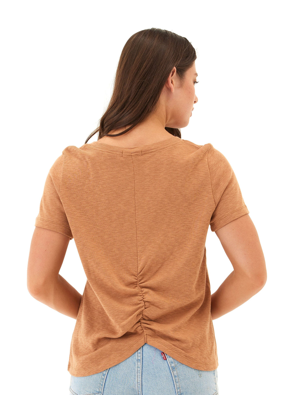 Leonora Textured Slub Jersey Ruched V-Neck Top in Tan and Brown