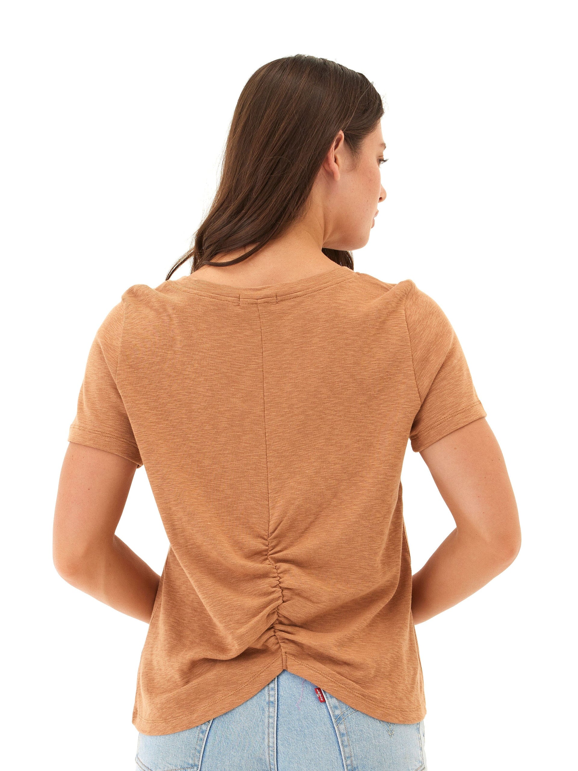 Leonora Textured Slub Jersey Ruched V-Neck Top in Tan and Brown