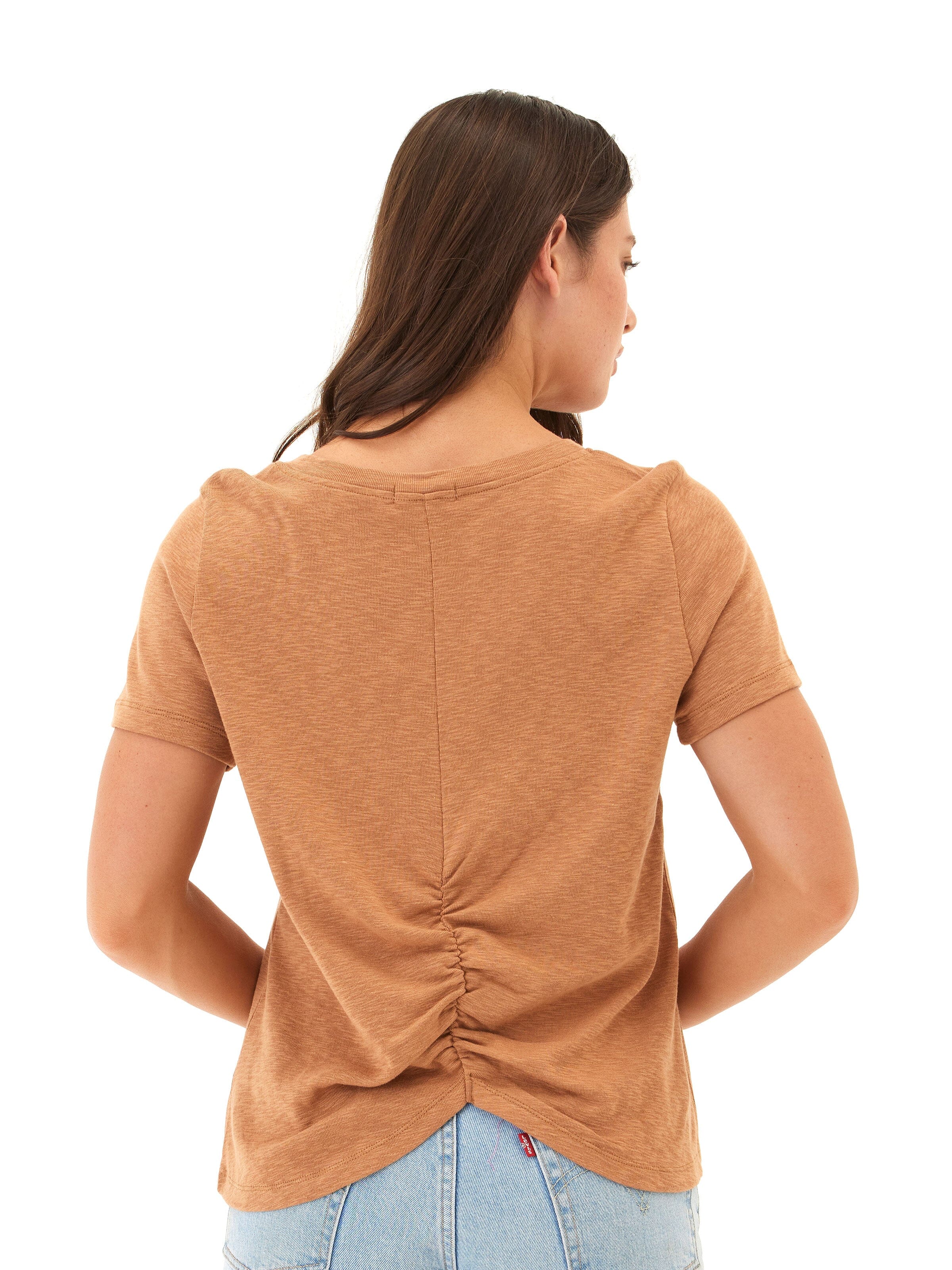 Leonora Textured Slub Jersey Ruched V-Neck Top in Tan and Brown