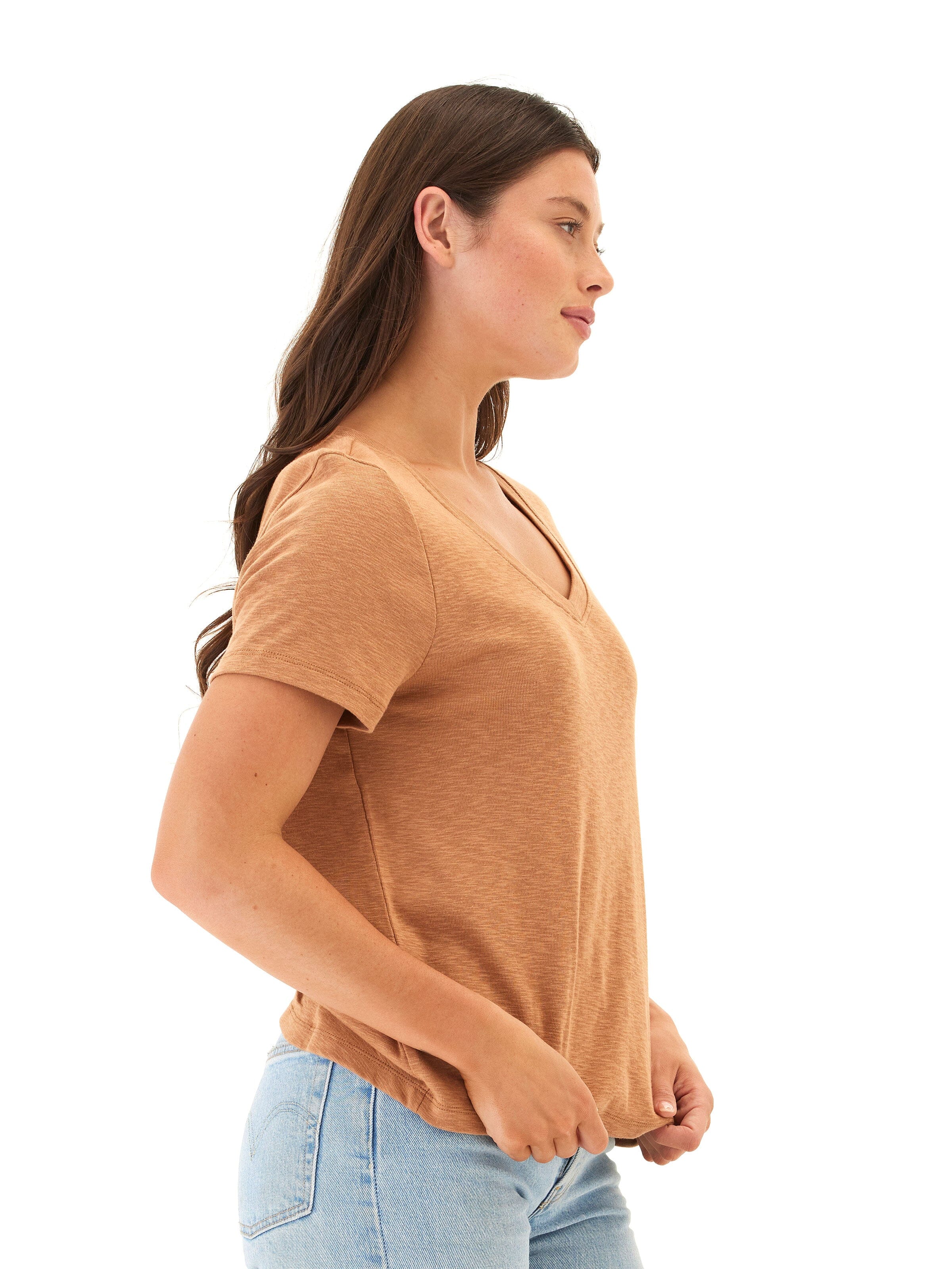 Leonora Textured Slub Jersey Ruched V-Neck Top in Tan and Brown