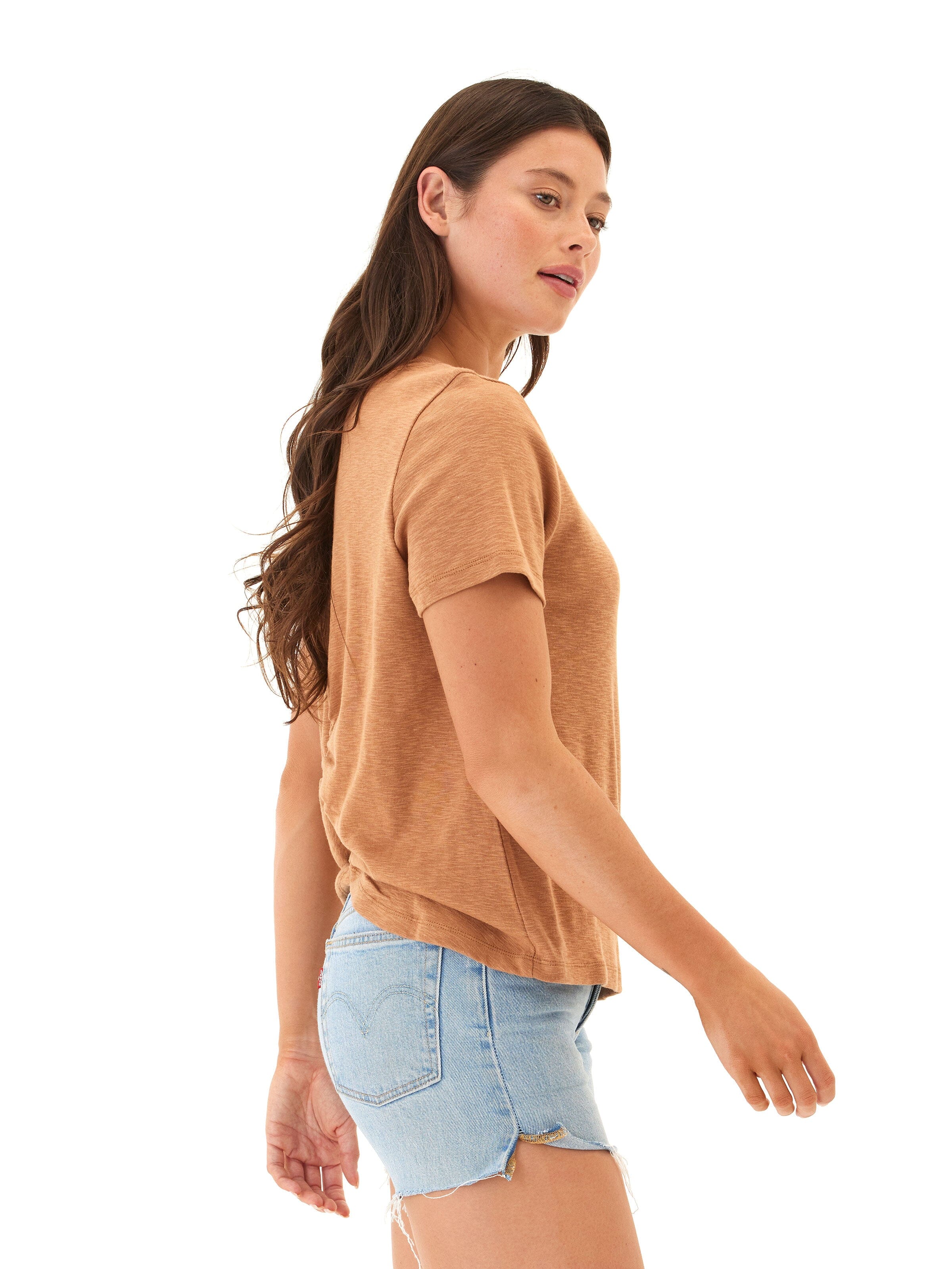 Leonora Textured Slub Jersey Ruched V-Neck Top in Tan and Brown