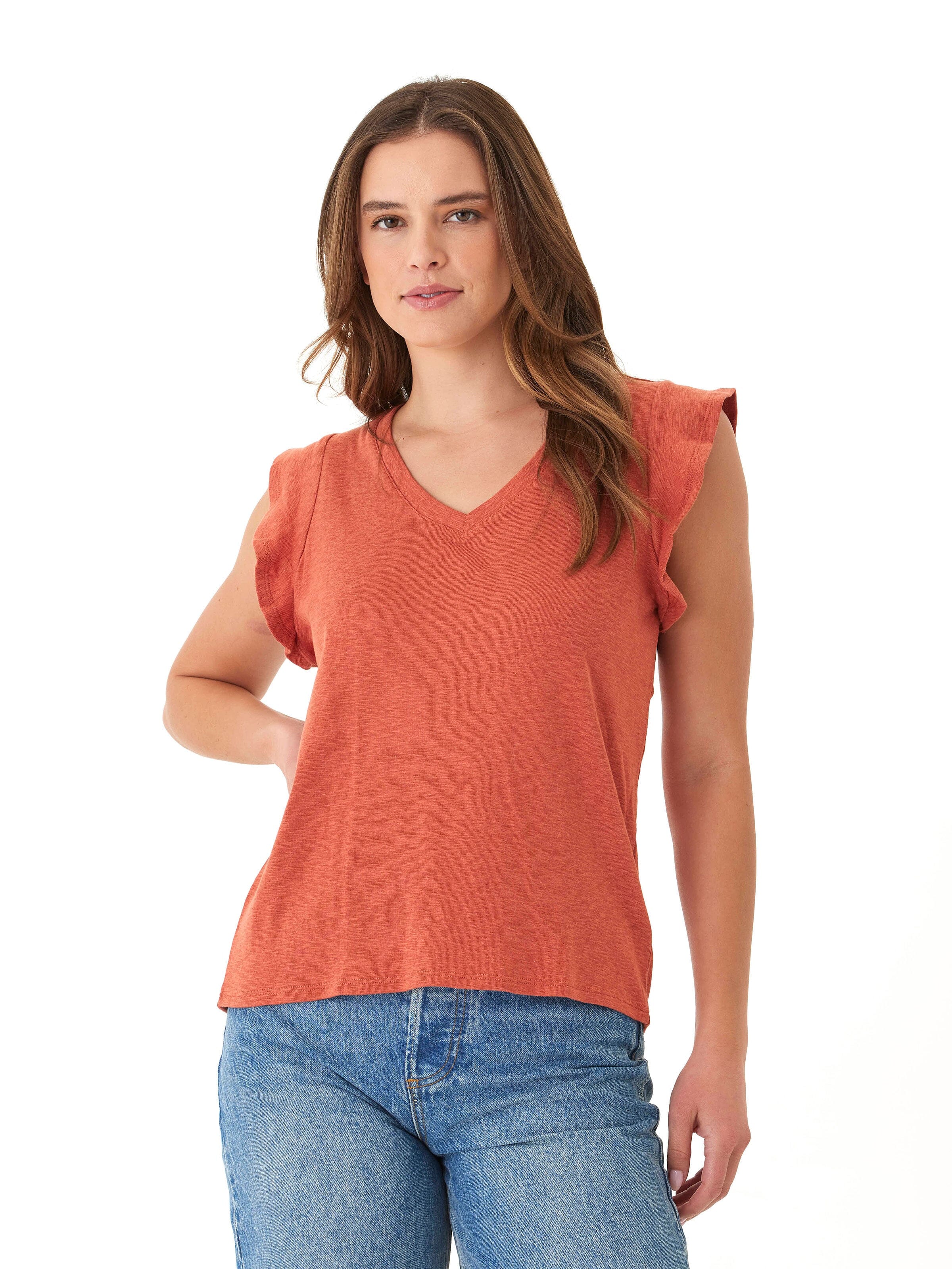 Women's Marley flutter sleeve top in rust terracotta textured knit