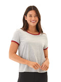 Women wearing a relaxed fit comfort jersey ringer tee with contrast trim available in grey and maroon.