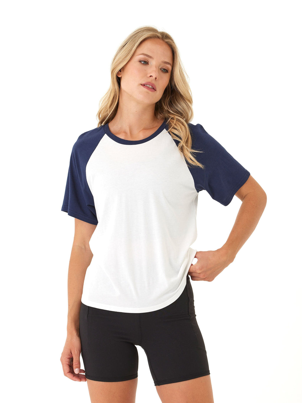 Amanda Comfort Jersey Raglan Tee in White and Navy-Blue