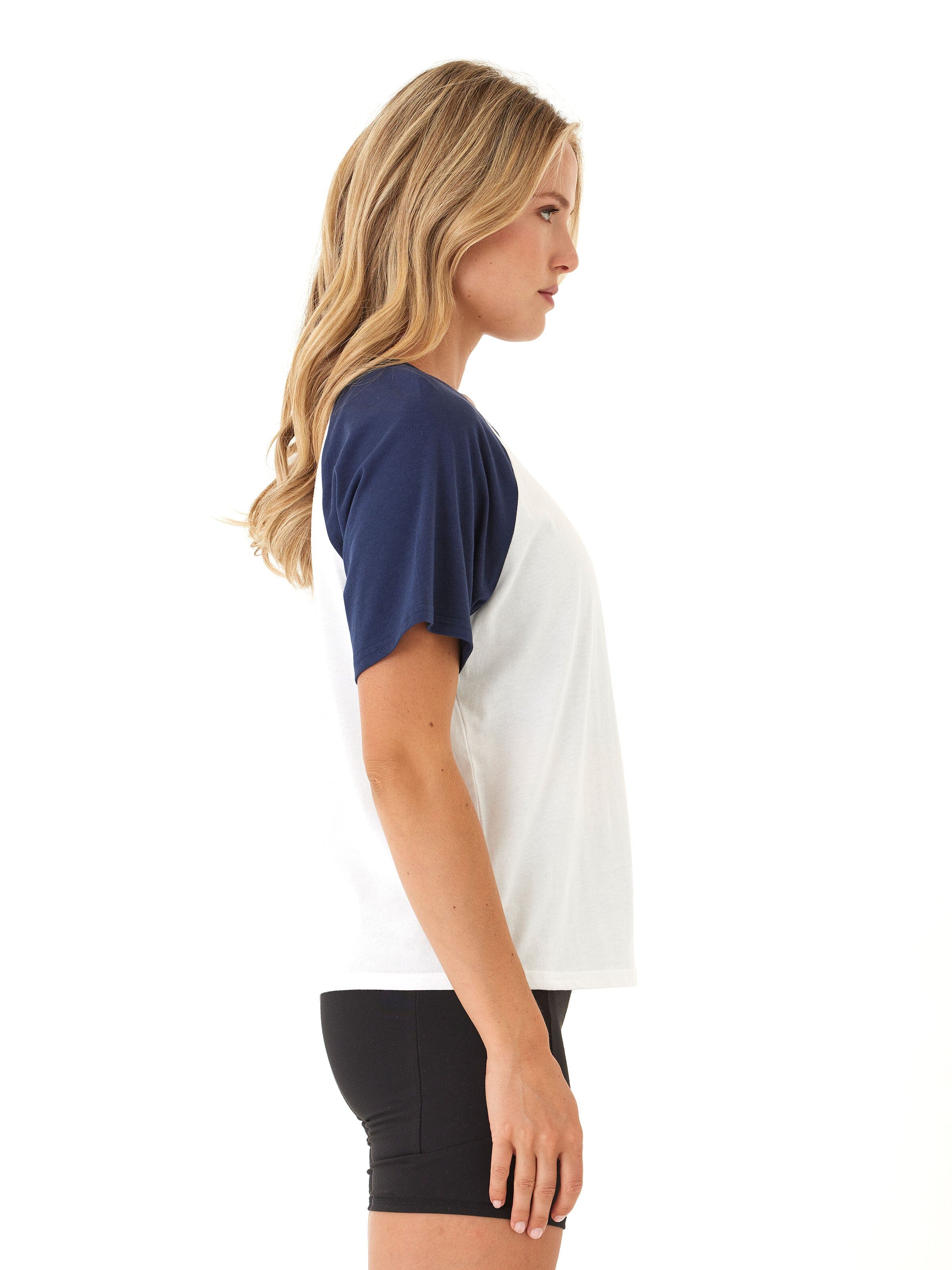 Amanda Comfort Jersey Raglan Tee in White and Navy-Blue