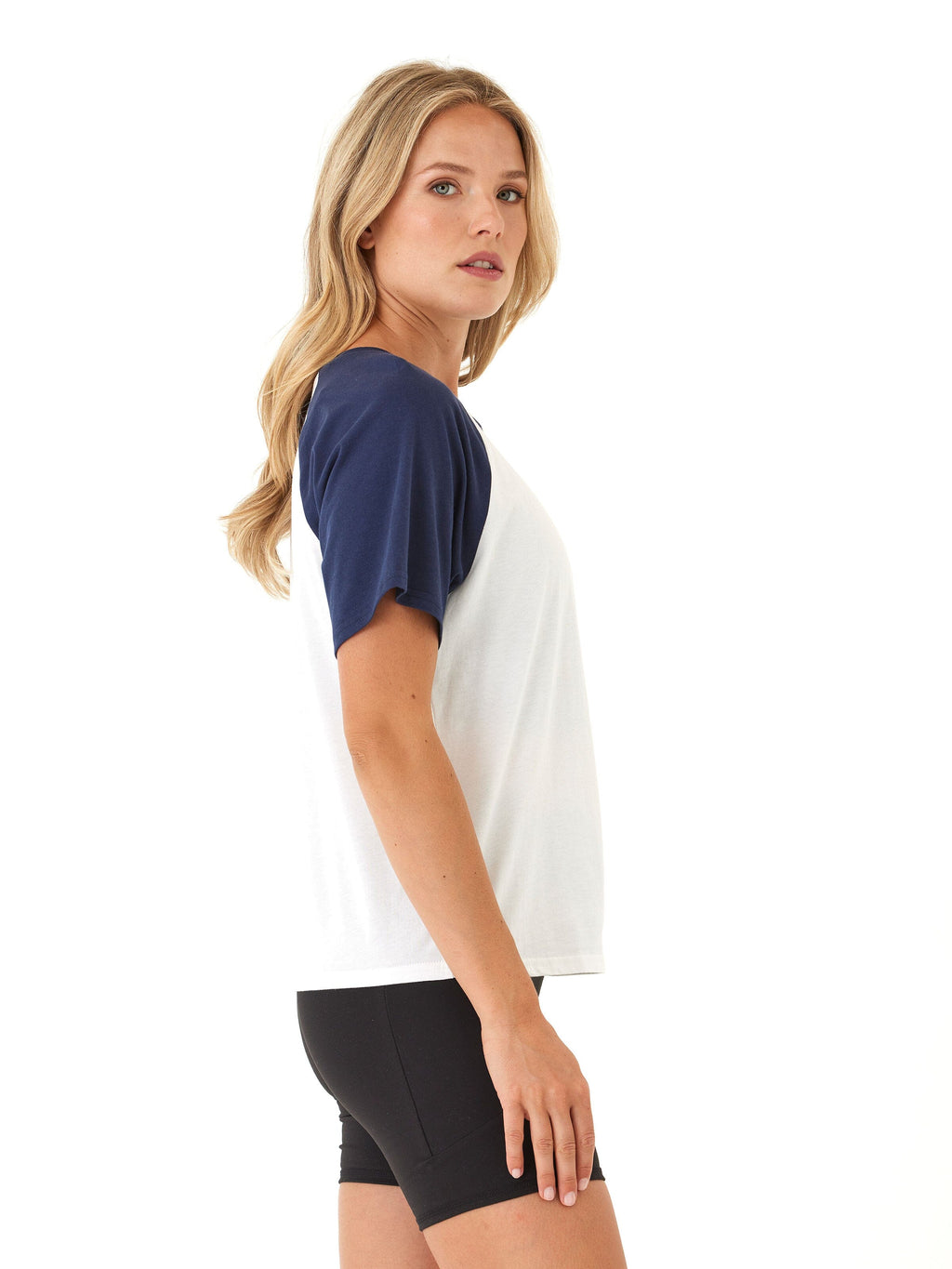 Amanda Comfort Jersey Raglan Tee in White and Navy-Blue