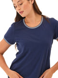 Close-up of Jordana Comfort Jersey tee showcasing the sporty contrast trim detail