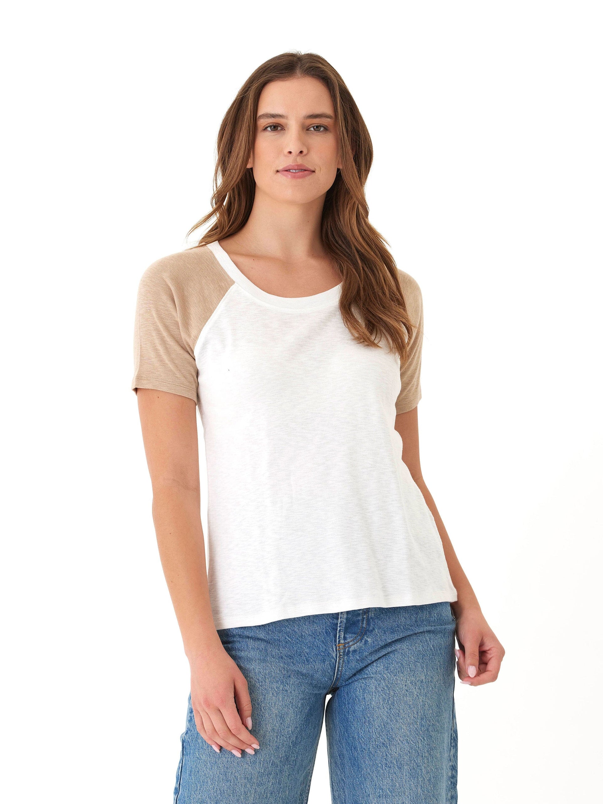 Lynsey Slub Jersey Colorblock Raglan Crew Tee in White and Tan