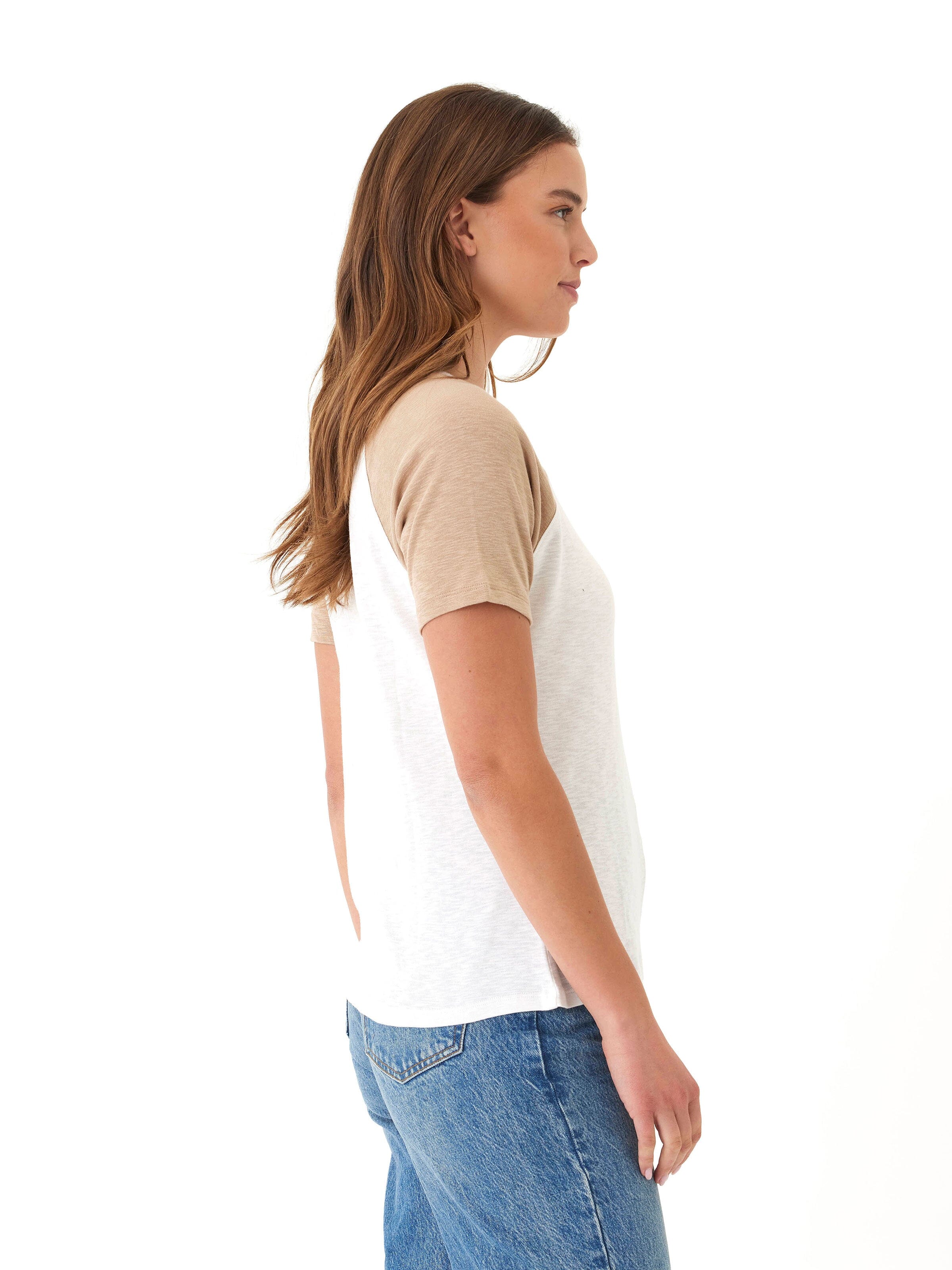 Lynsey Slub Jersey Colorblock Raglan Crew Tee in White and Tan