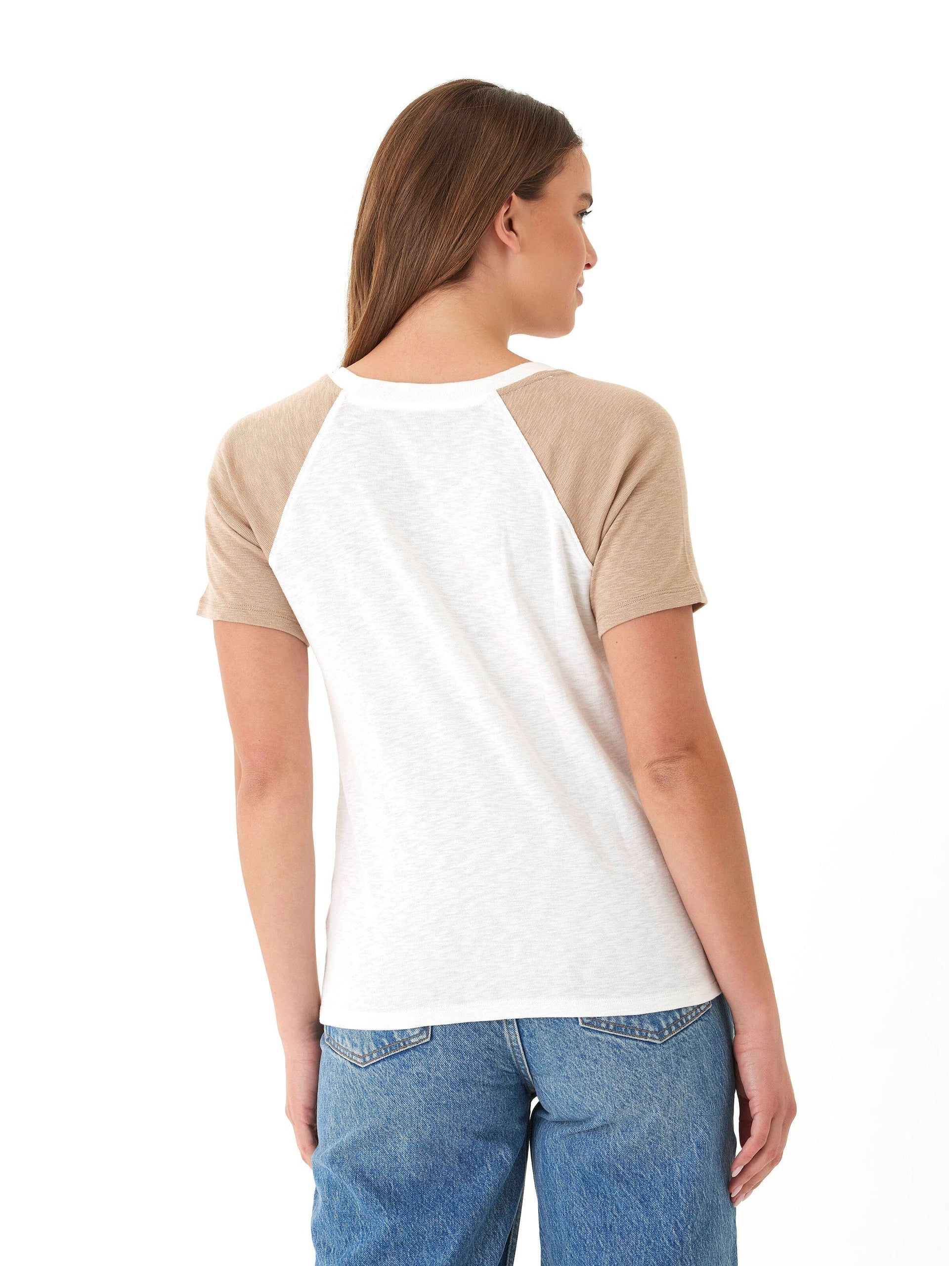 Lynsey Slub Jersey Colorblock Raglan Crew Tee in White and Tan