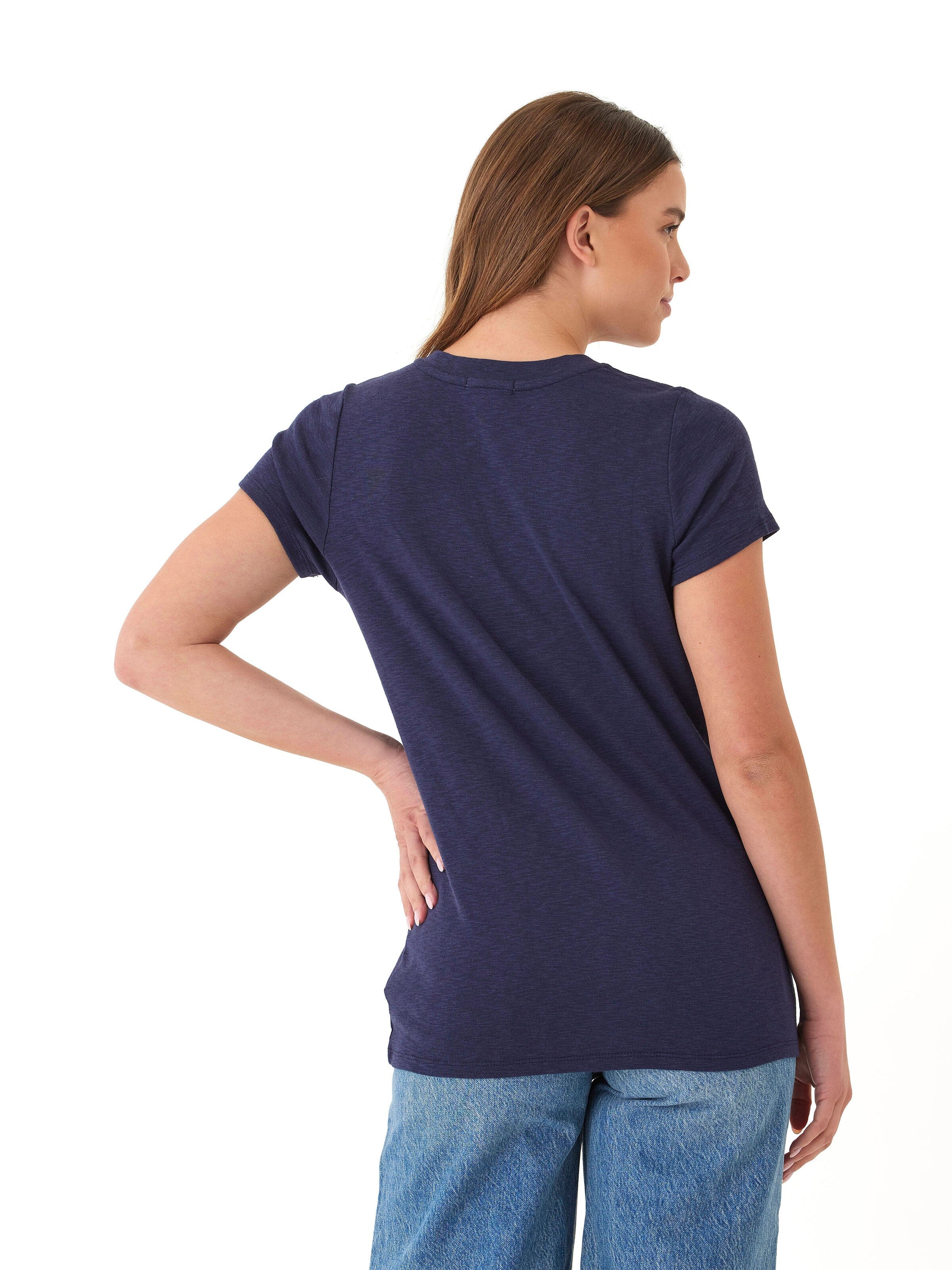 Agatha V-Neck Slub Jersey Tee with Side Slits in Navy Blue