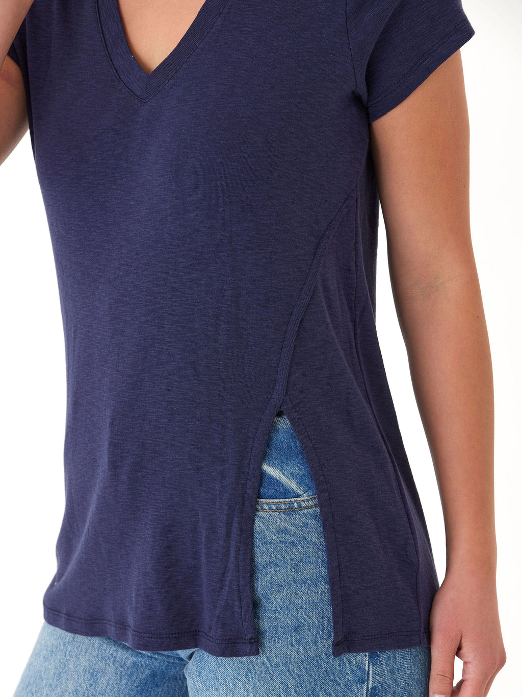 Agatha V-Neck Slub Jersey Tee with Side Slits in Navy Blue