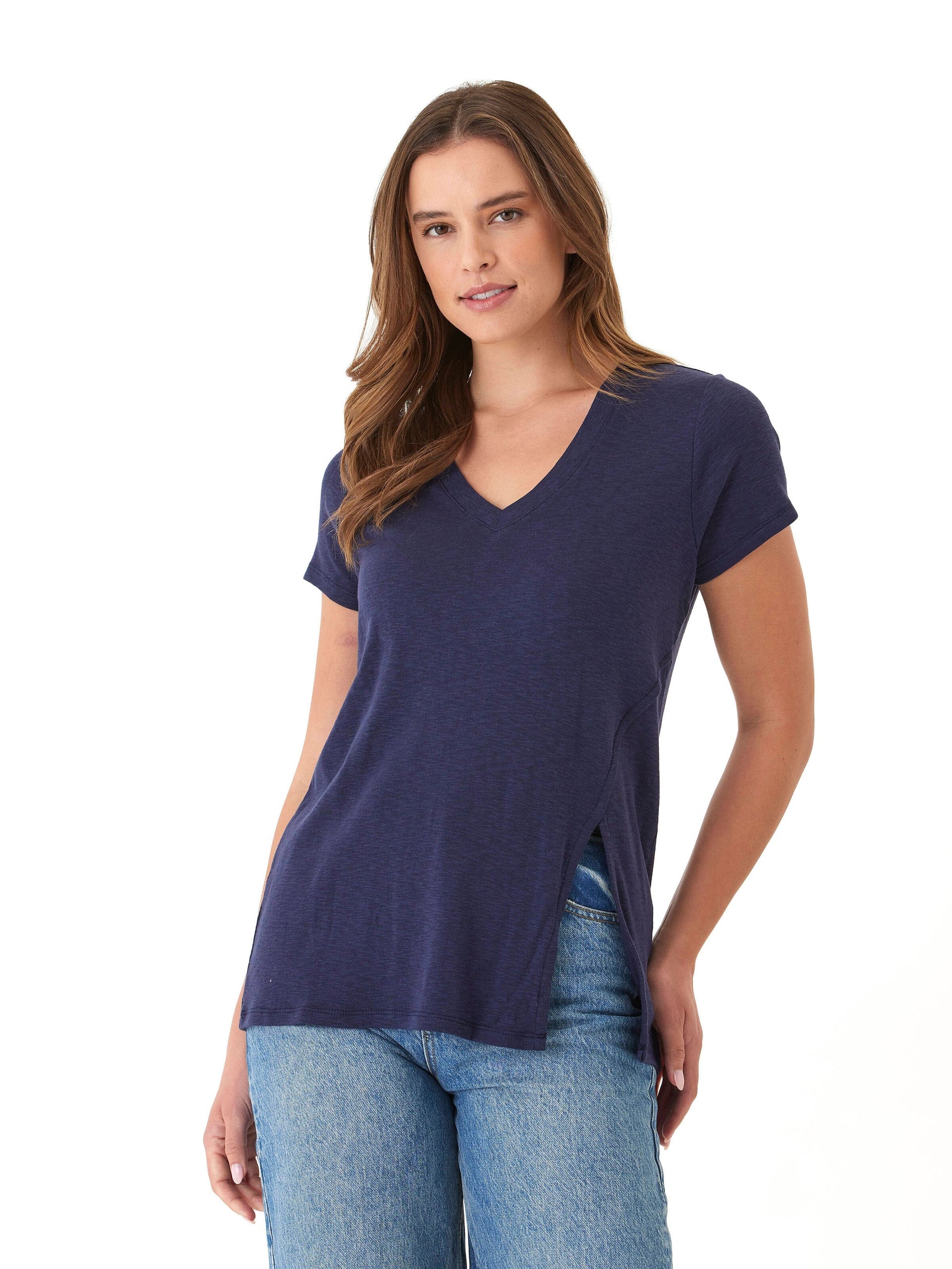 Agatha V-Neck Slub Jersey Tee with Side Slits in Navy Blue