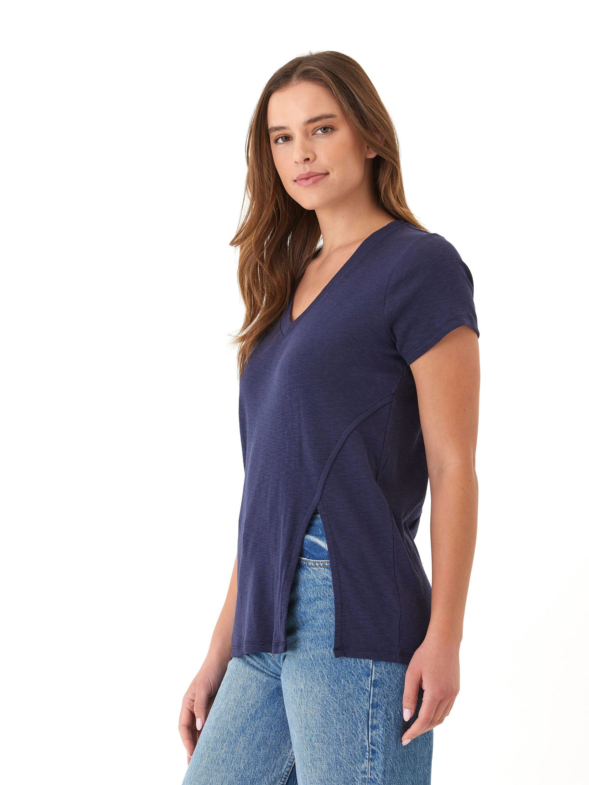 Agatha V-Neck Slub Jersey Tee with Side Slits in Navy Blue