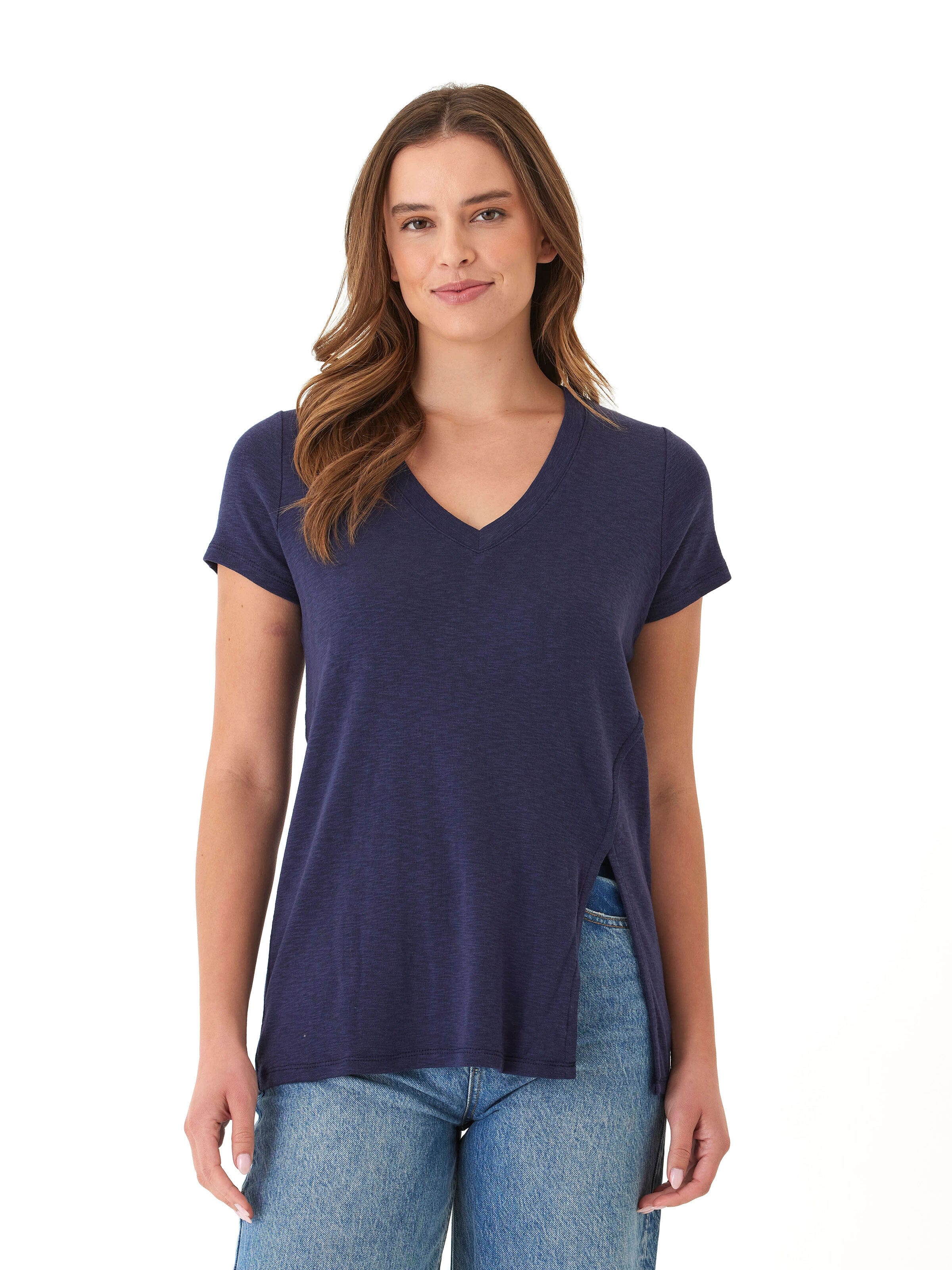 Agatha V-Neck Slub Jersey Tee with Side Slits in Navy Blue