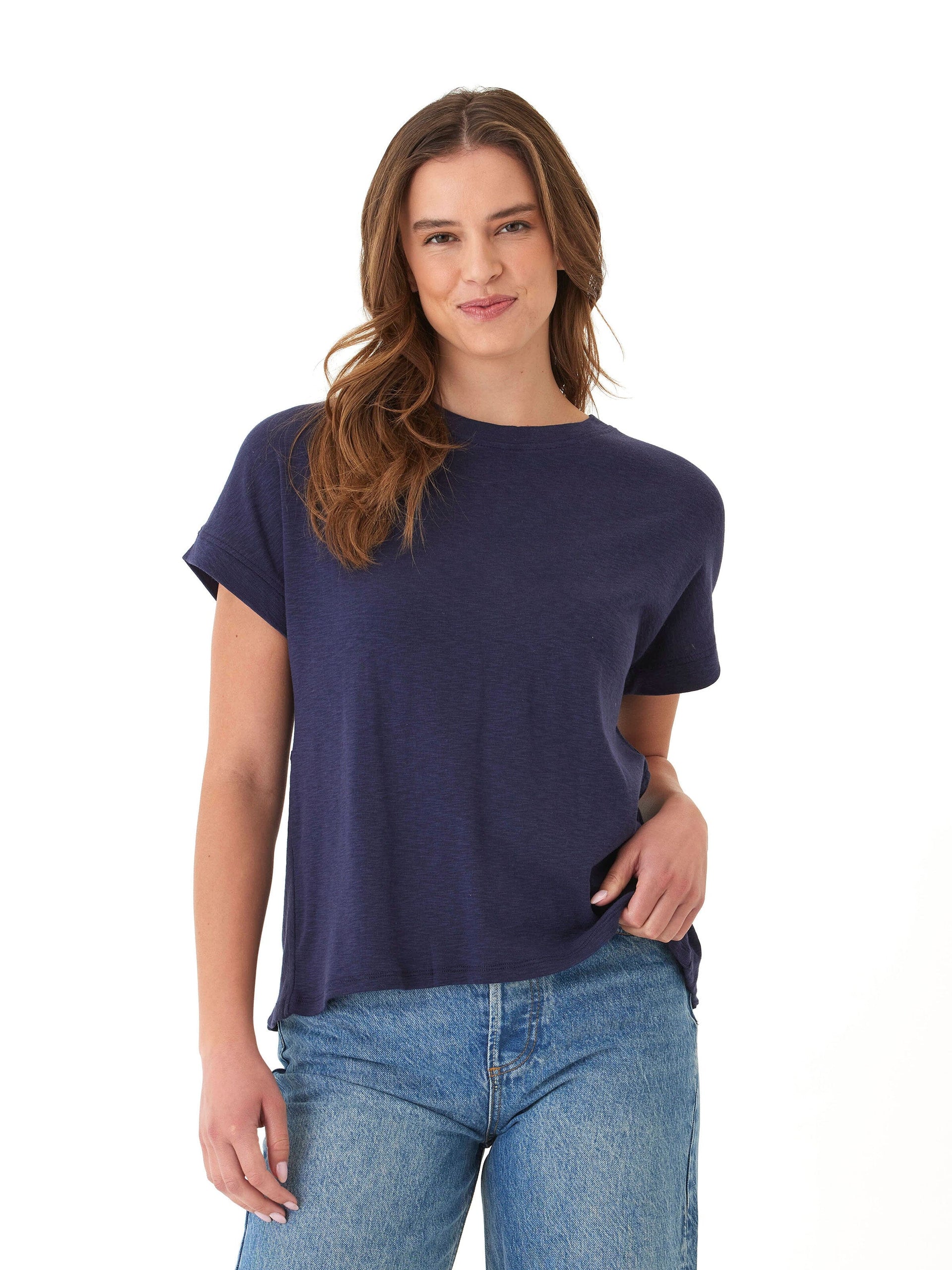 Navy blue Gianna textured slub jersey tee showing the twist back detail.
