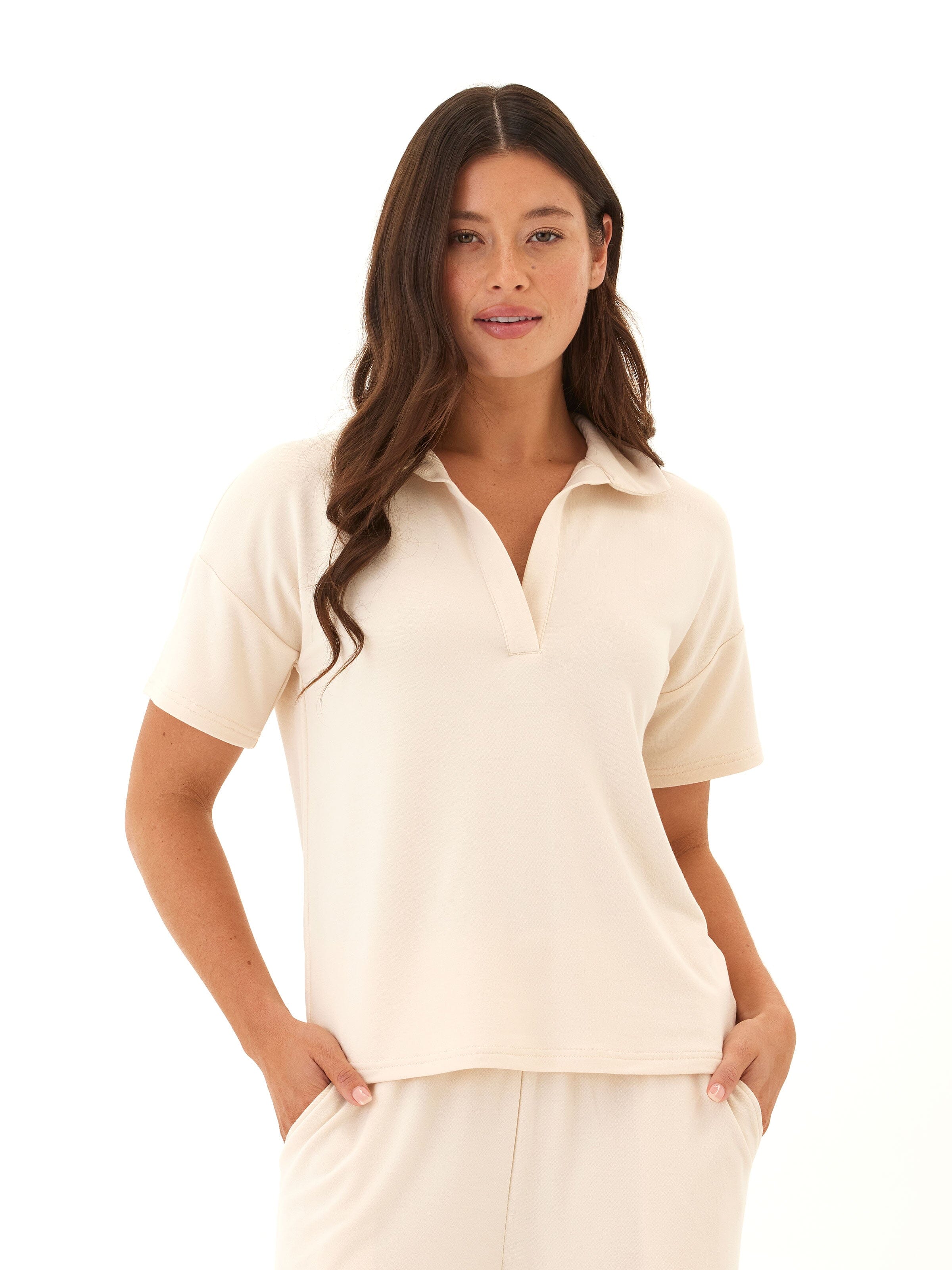 Melanie Modal Terry Top in a relaxed fit with an open collar neckline