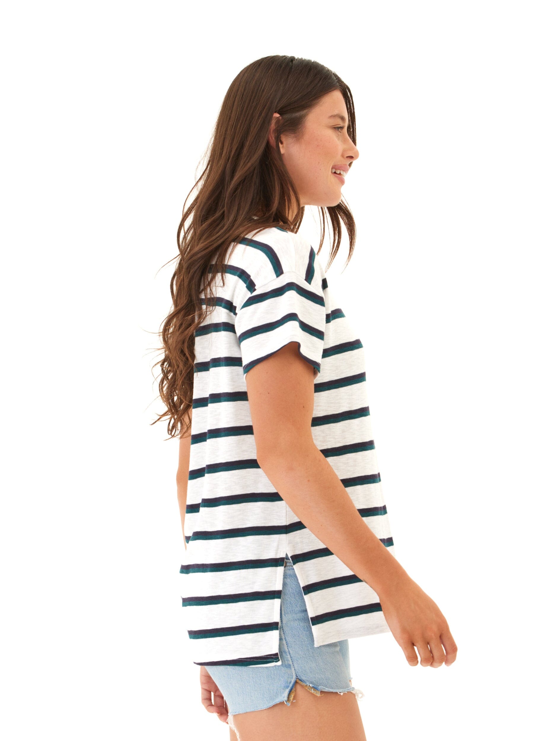 Women's Striped Slub Jersey V-Neck Tee in Navy, Green, and White