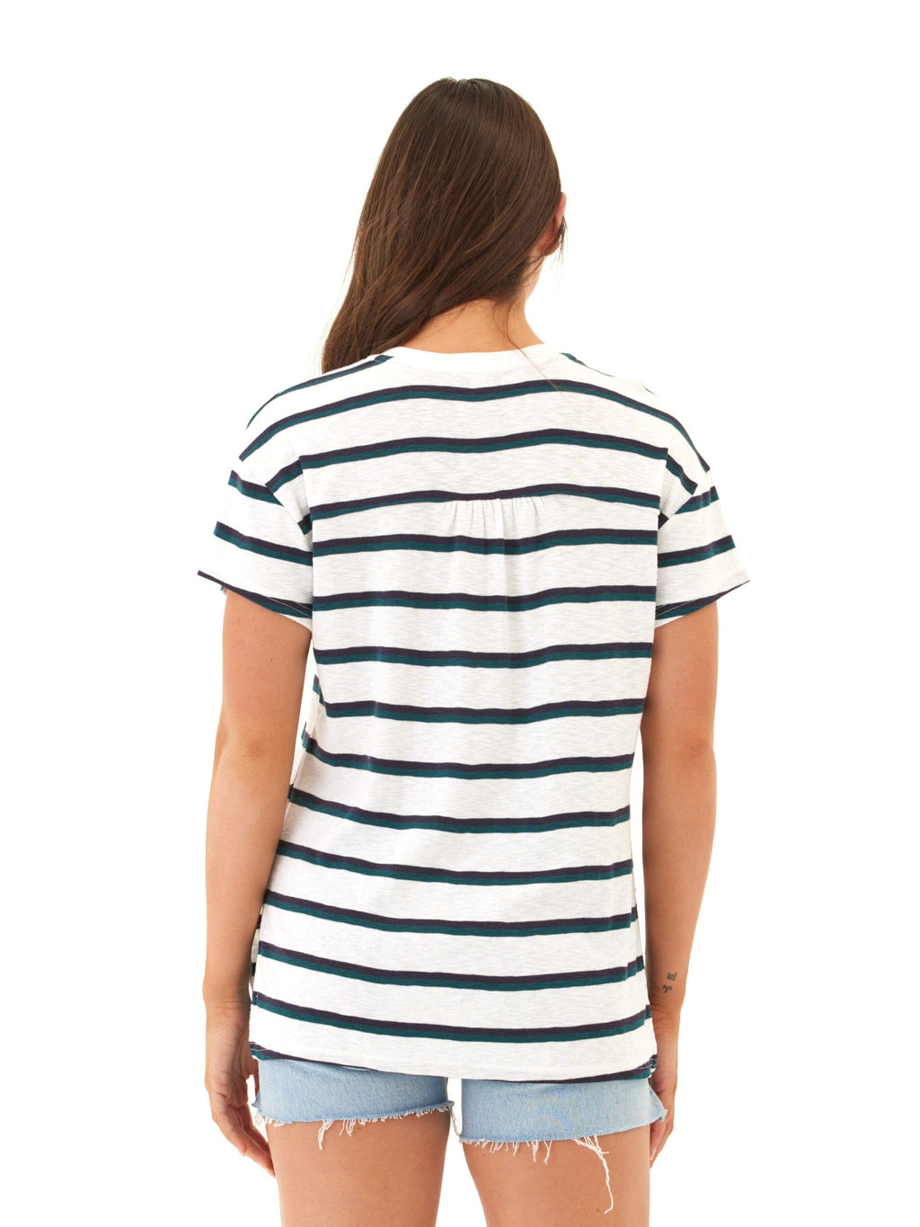 Women's Striped Slub Jersey V-Neck Tee in Navy, Green, and White